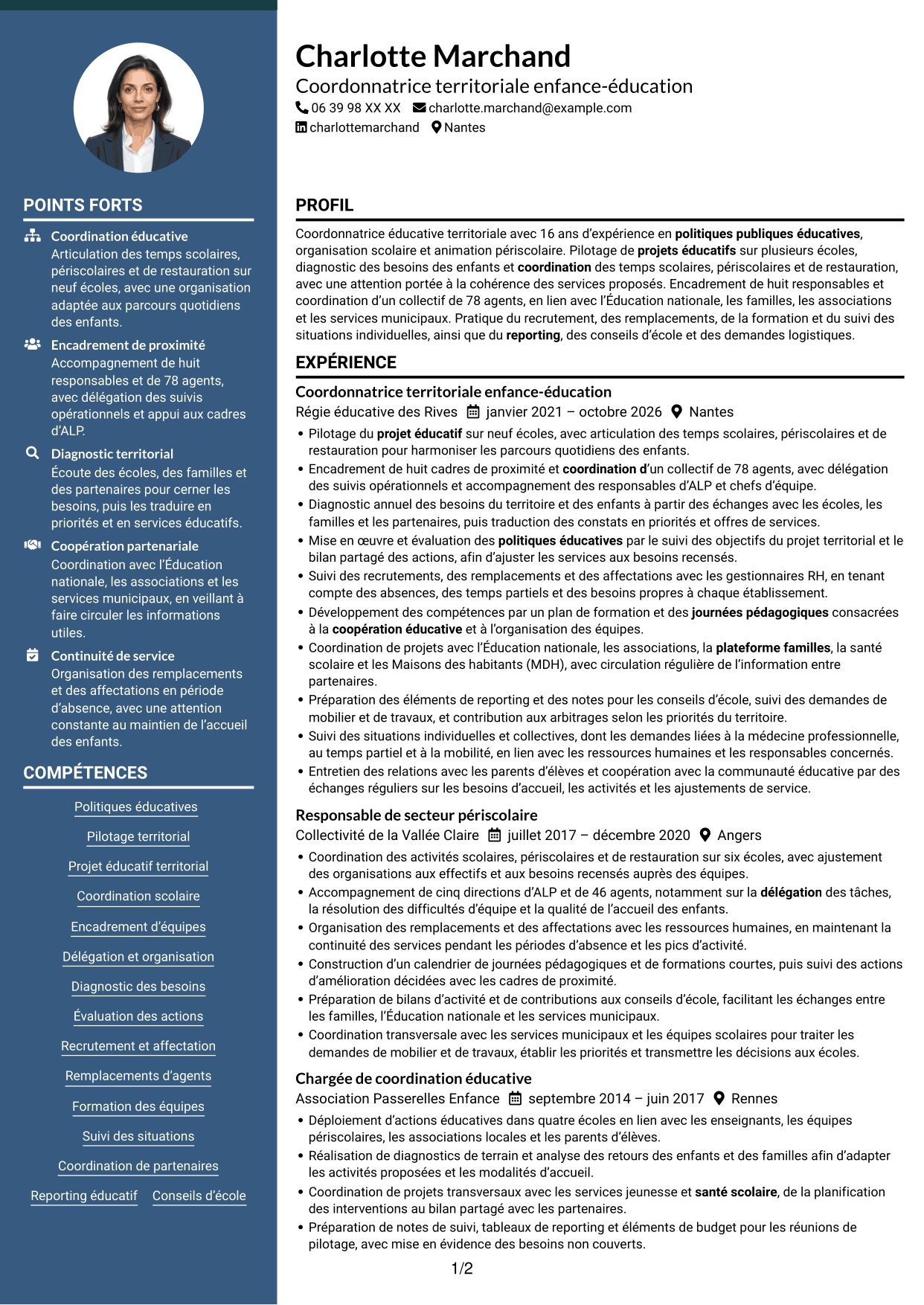 CV Élégant (format à colonne latérale colorée avec photo) : Coordonnateur éducatif territorial - Management des équipes scolaires, page 1
