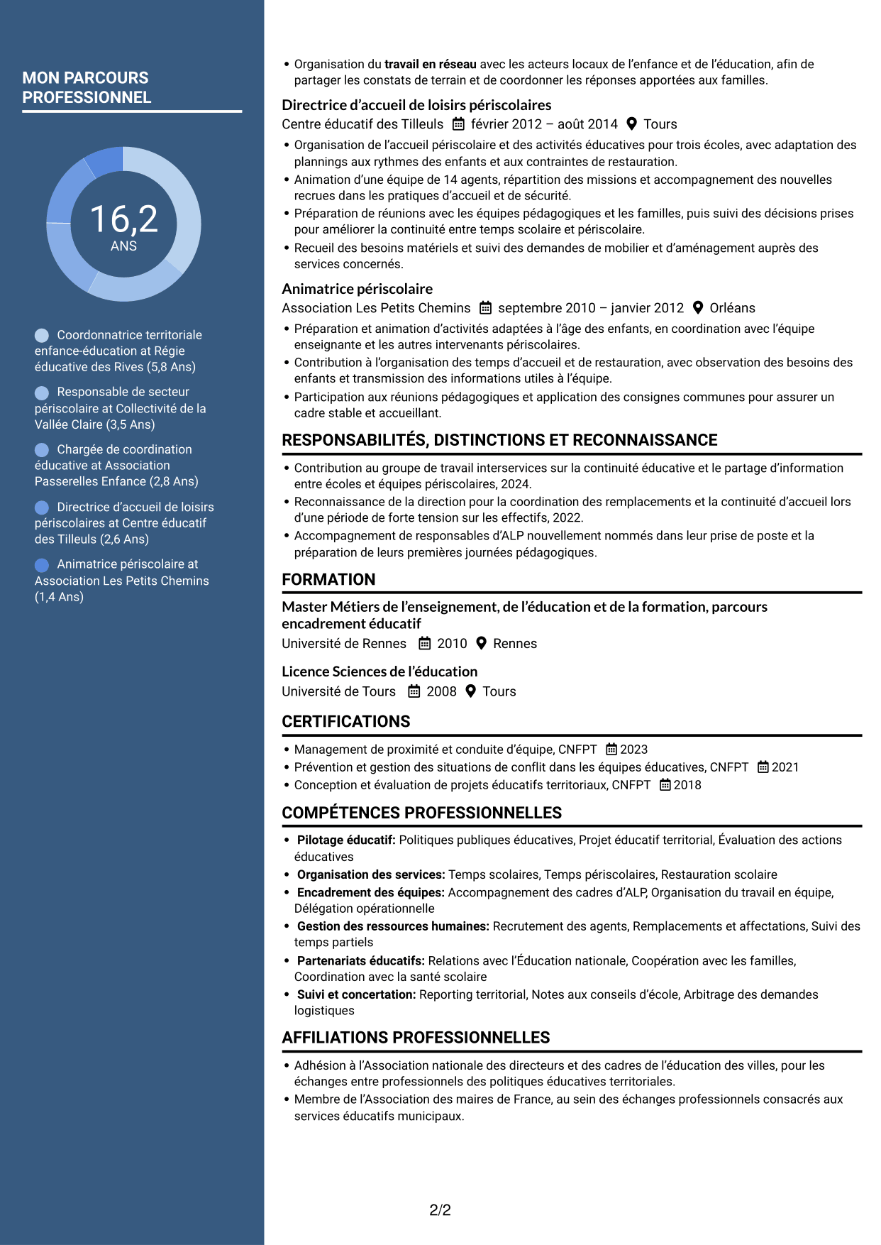 CV Élégant (format à colonne latérale colorée avec photo) : Coordonnateur éducatif territorial - Management des équipes scolaires, page 2