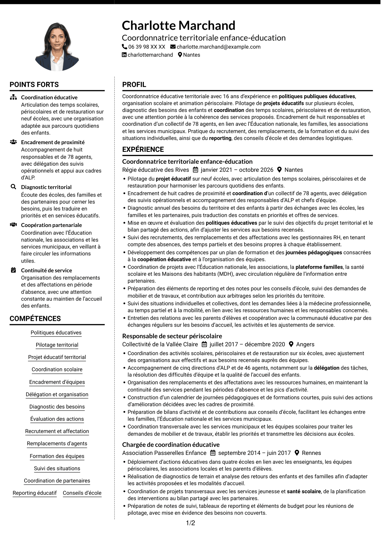 CV Moderne (format à deux colonnes avec photo à gauche et séparateur) : Coordonnateur éducatif territorial - Management des équipes scolaires, page 1