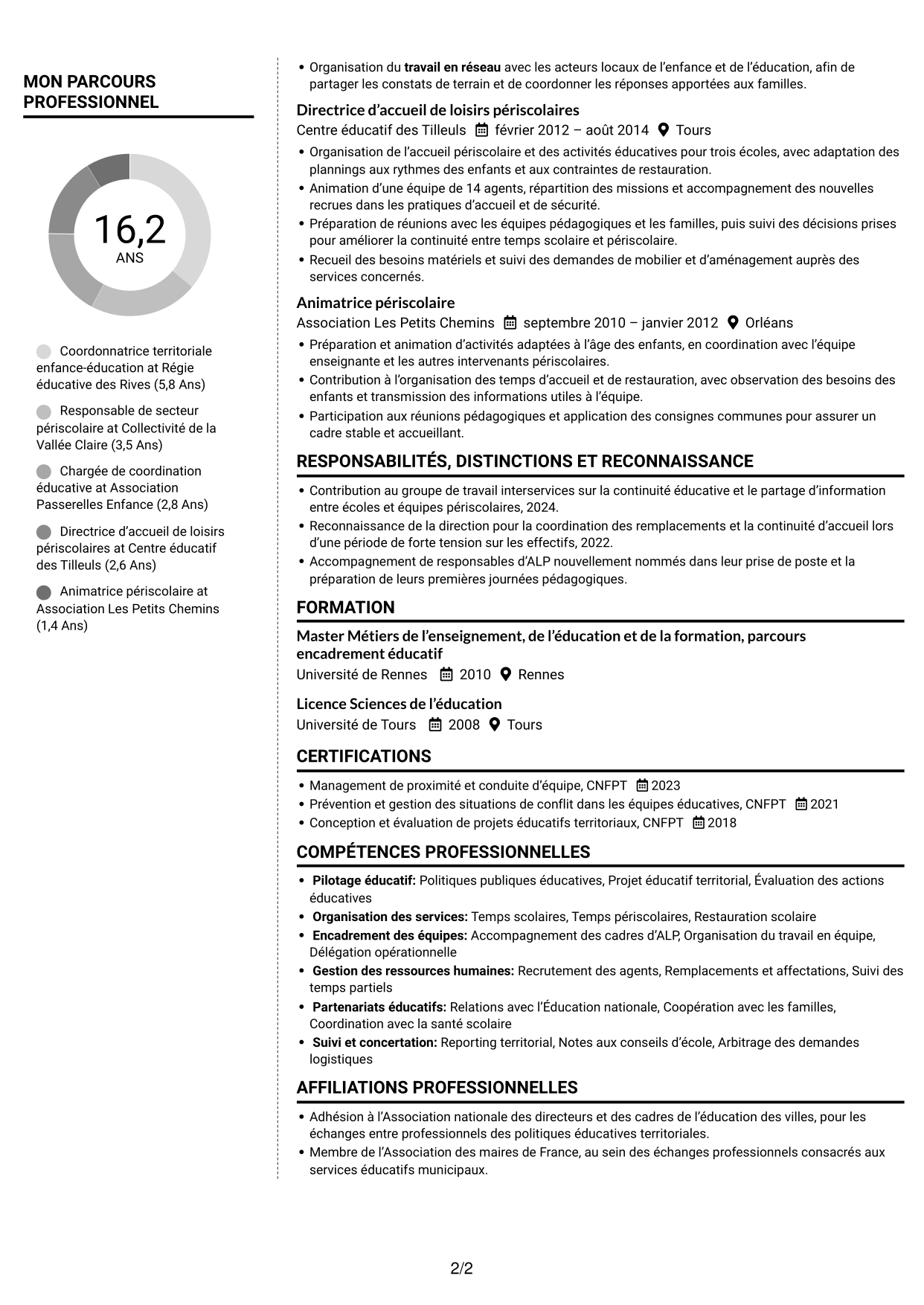 CV Moderne (format à deux colonnes avec photo à gauche et séparateur) : Coordonnateur éducatif territorial - Management des équipes scolaires, page 2