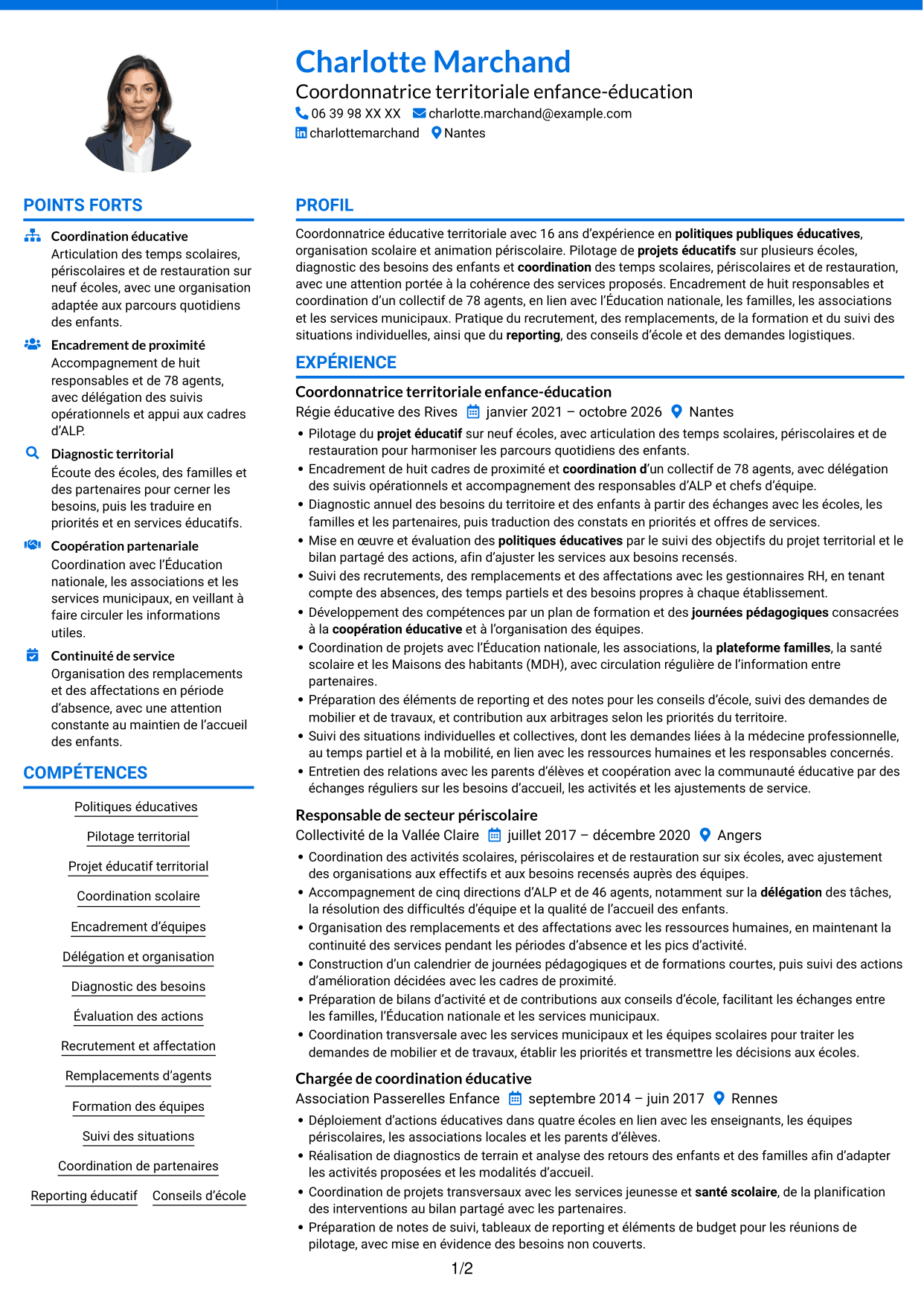CV Audacieux (format à deux colonnes avec accents colorés et photo) : Coordonnateur éducatif territorial - Management des équipes scolaires, page 1