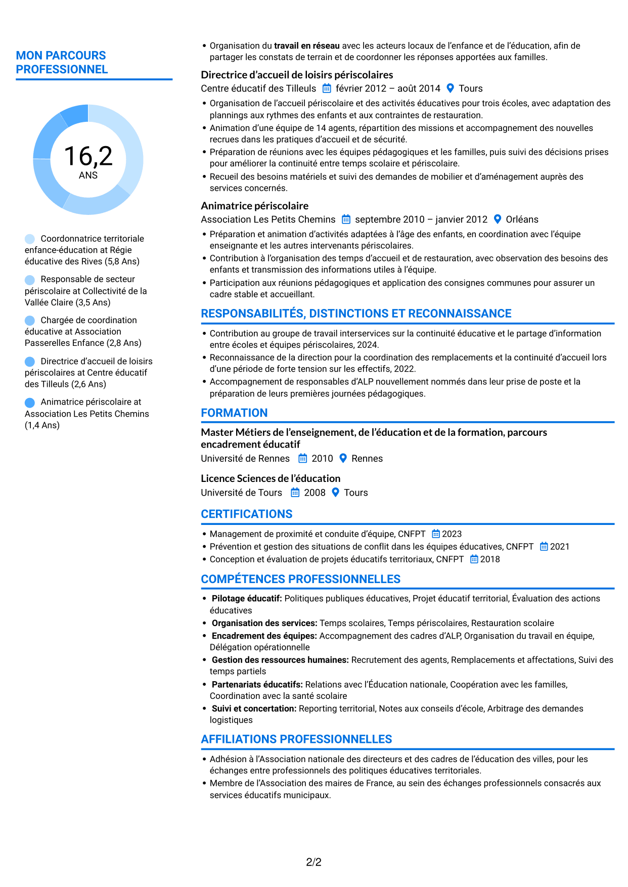 CV Audacieux (format à deux colonnes avec accents colorés et photo) : Coordonnateur éducatif territorial - Management des équipes scolaires, page 2