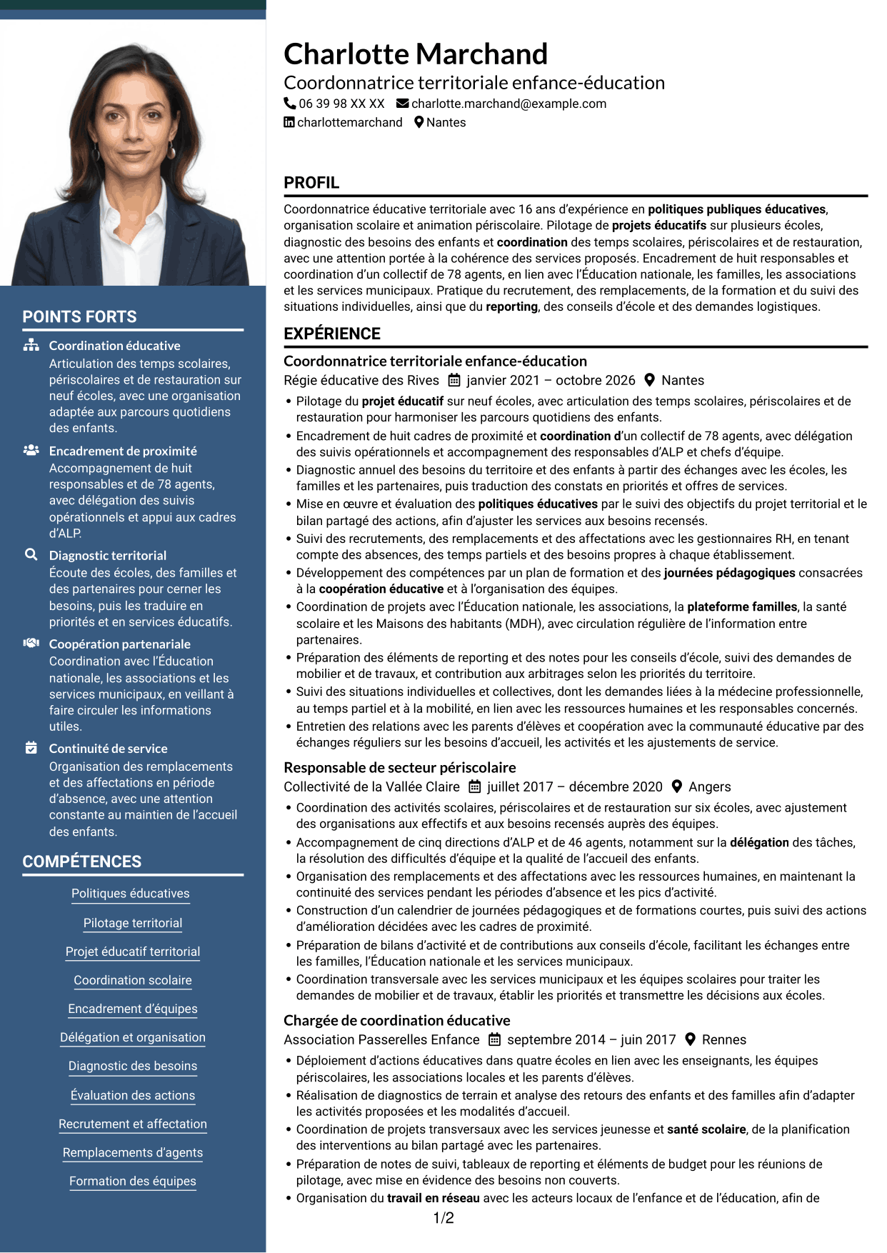 CV Signature (format à colonne latérale colorée avec grande photo) : Coordonnateur éducatif territorial - Management des équipes scolaires, page 1