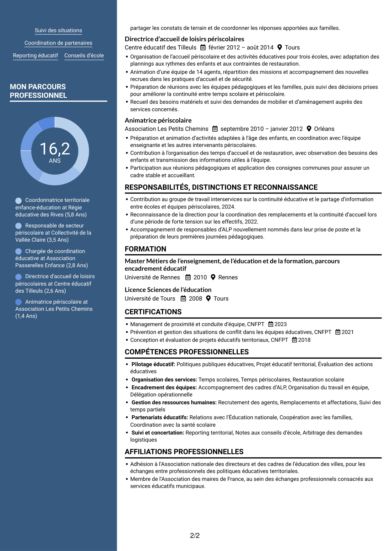 CV Signature (format à colonne latérale colorée avec grande photo) : Coordonnateur éducatif territorial - Management des équipes scolaires, page 2