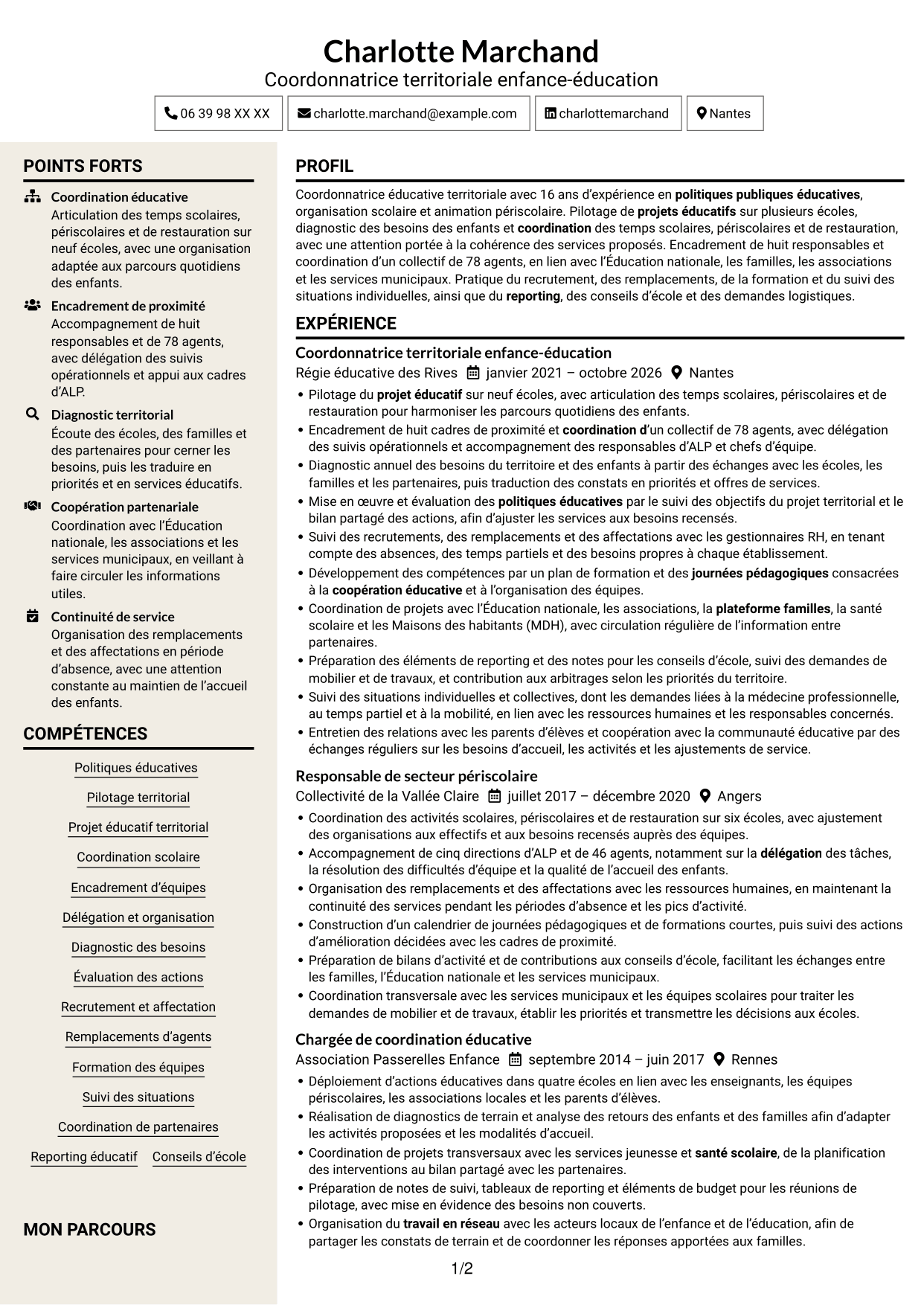 CV Fonceur (format à deux colonnes avec en-tête centré sans photo) : Coordonnateur éducatif territorial - Management des équipes scolaires, page 1
