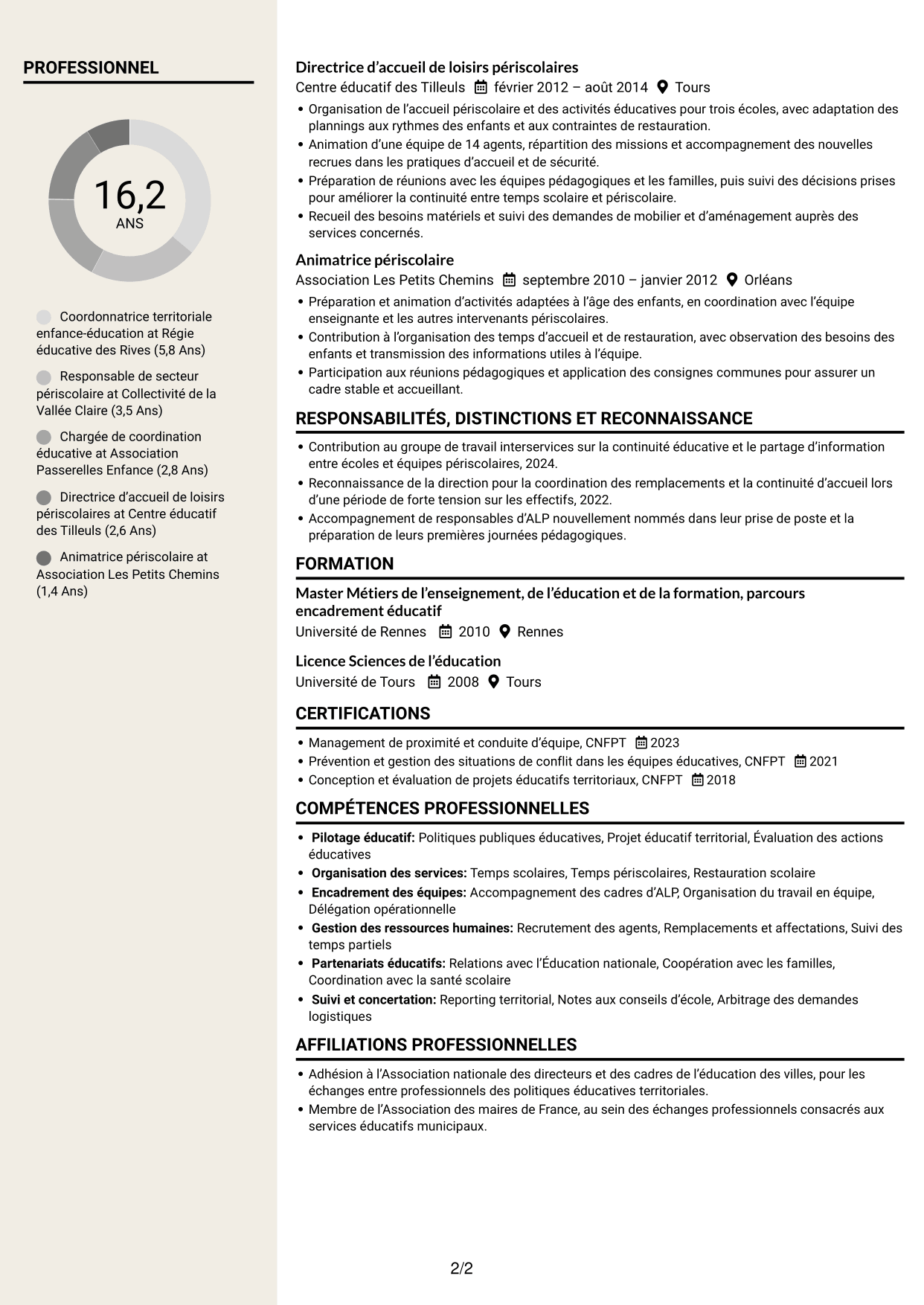 CV Fonceur (format à deux colonnes avec en-tête centré sans photo) : Coordonnateur éducatif territorial - Management des équipes scolaires, page 2