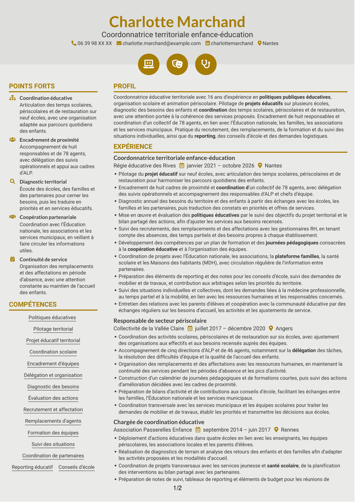 CV Dynamique (format à deux colonnes avec icônes) : Coordonnateur éducatif territorial - Management des équipes scolaires, page 1