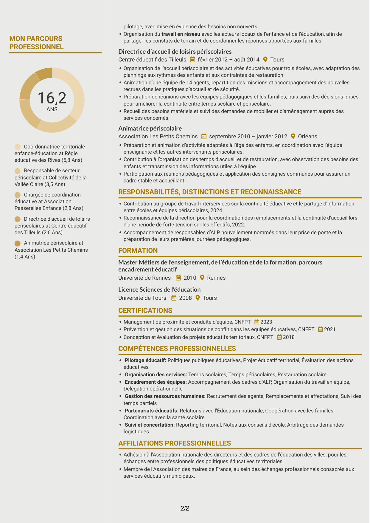 CV Dynamique (format à deux colonnes avec icônes) : Coordonnateur éducatif territorial - Management des équipes scolaires, page 2