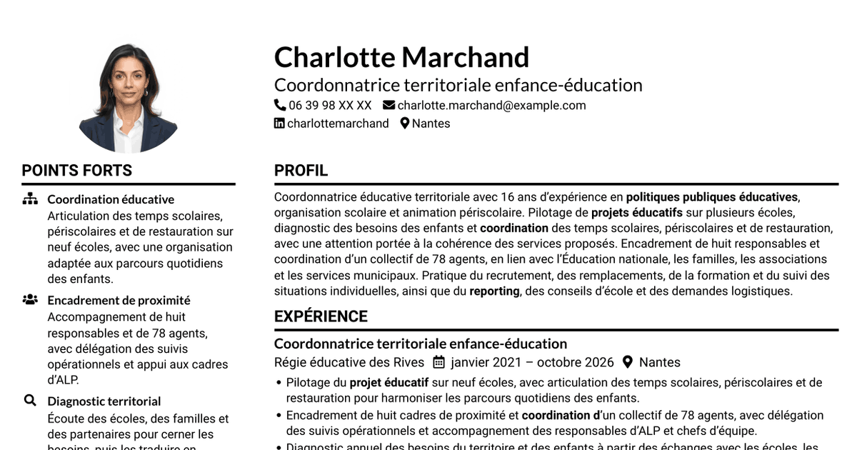 7 modèles de CV pour Coordonnateur éducatif territorial - Management des équipes scolaires, avec exemples