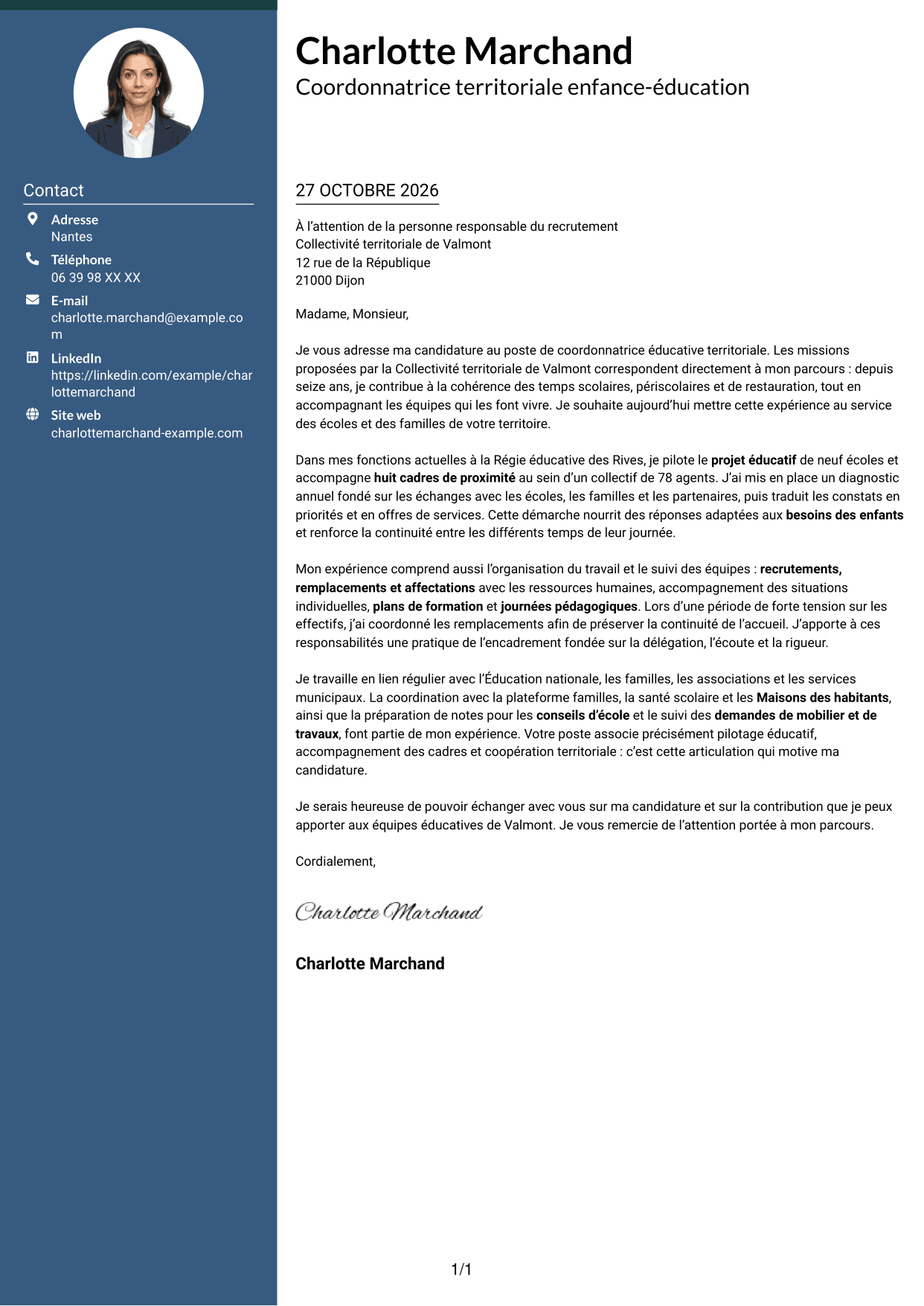 Lettre de motivation Élégant (format à colonne latérale colorée avec photo) : Coordonnateur éducatif territorial - Management des équipes scolaires, page 1