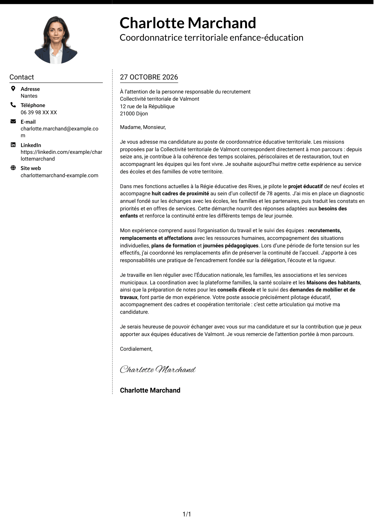 Lettre de motivation Moderne (format à deux colonnes avec photo à gauche et séparateur) : Coordonnateur éducatif territorial - Management des équipes scolaires, page 1
