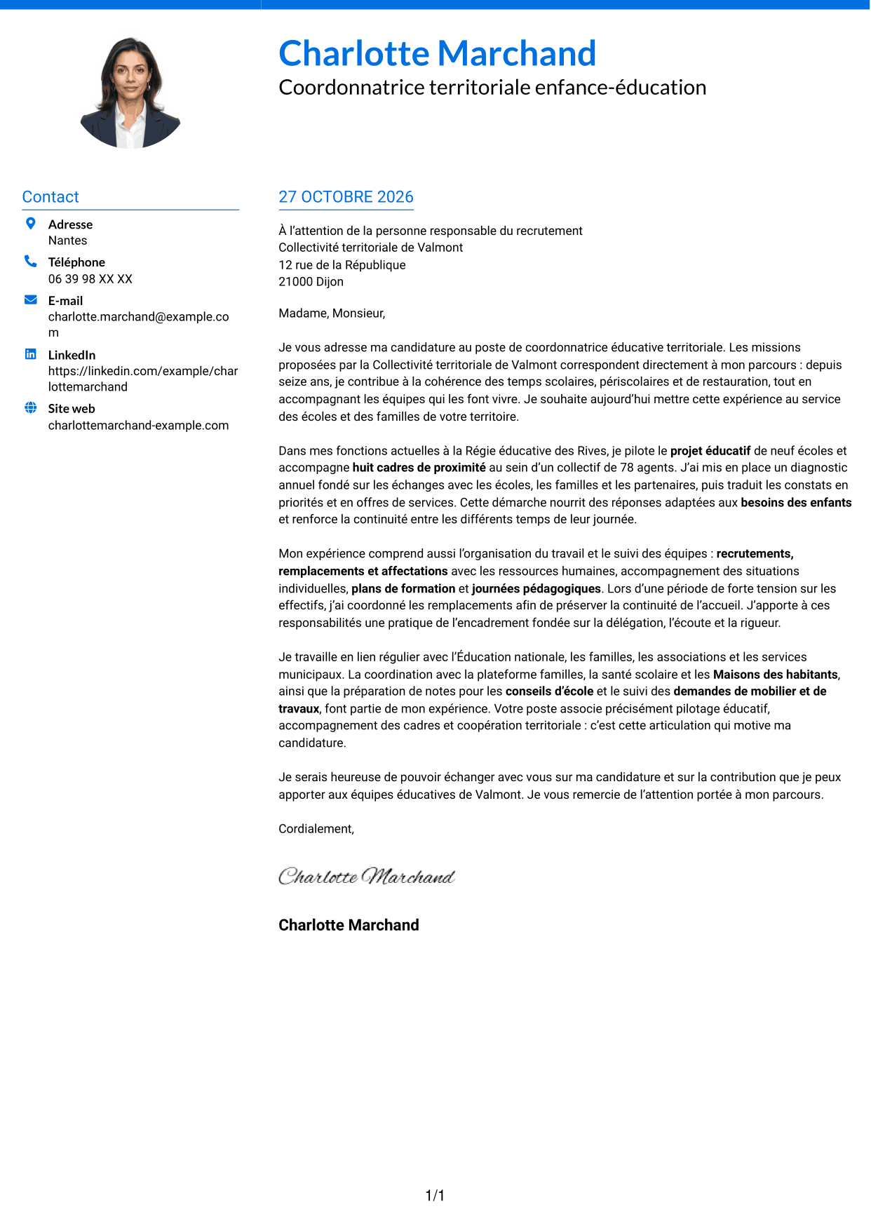 Lettre de motivation Audacieux (format à deux colonnes avec accents colorés et photo) : Coordonnateur éducatif territorial - Management des équipes scolaires, page 1