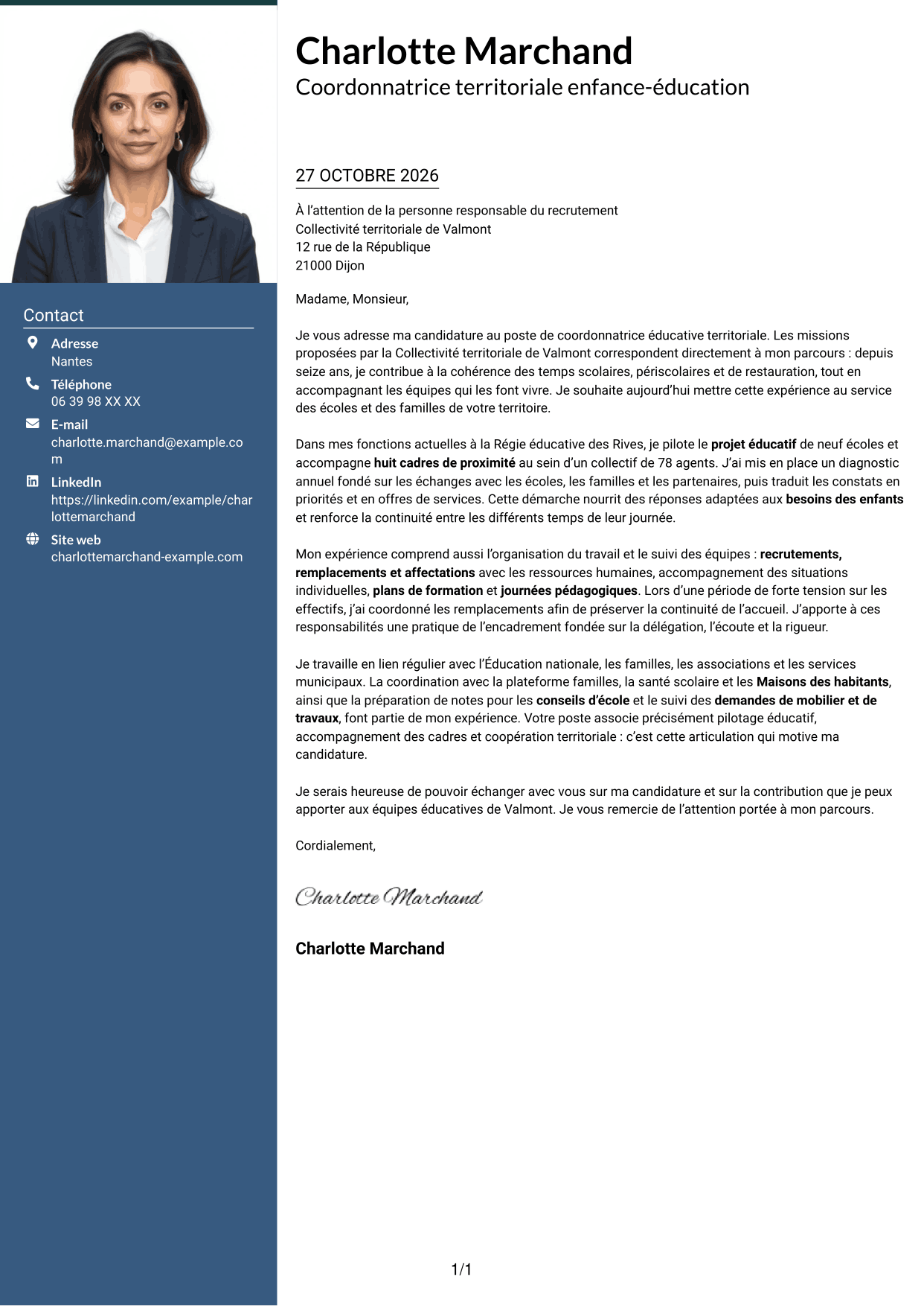 Lettre de motivation Signature (format à colonne latérale colorée avec grande photo) : Coordonnateur éducatif territorial - Management des équipes scolaires, page 1