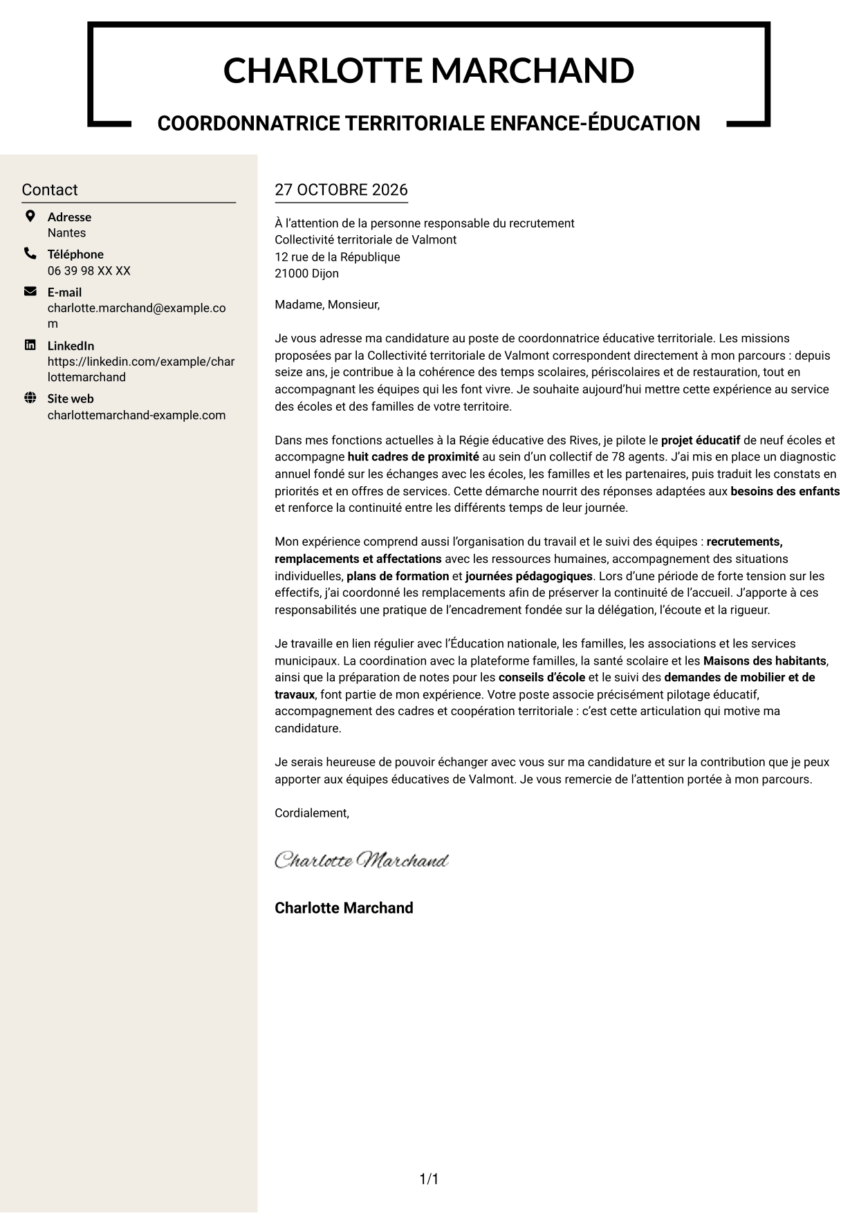 Lettre de motivation Fonceur (format à deux colonnes avec en-tête centré sans photo) : Coordonnateur éducatif territorial - Management des équipes scolaires, page 1