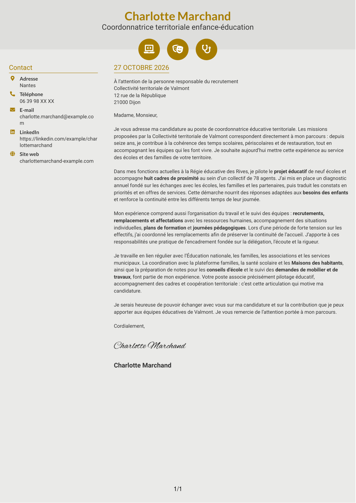 Lettre de motivation Dynamique (format à deux colonnes avec icônes) : Coordonnateur éducatif territorial - Management des équipes scolaires, page 1