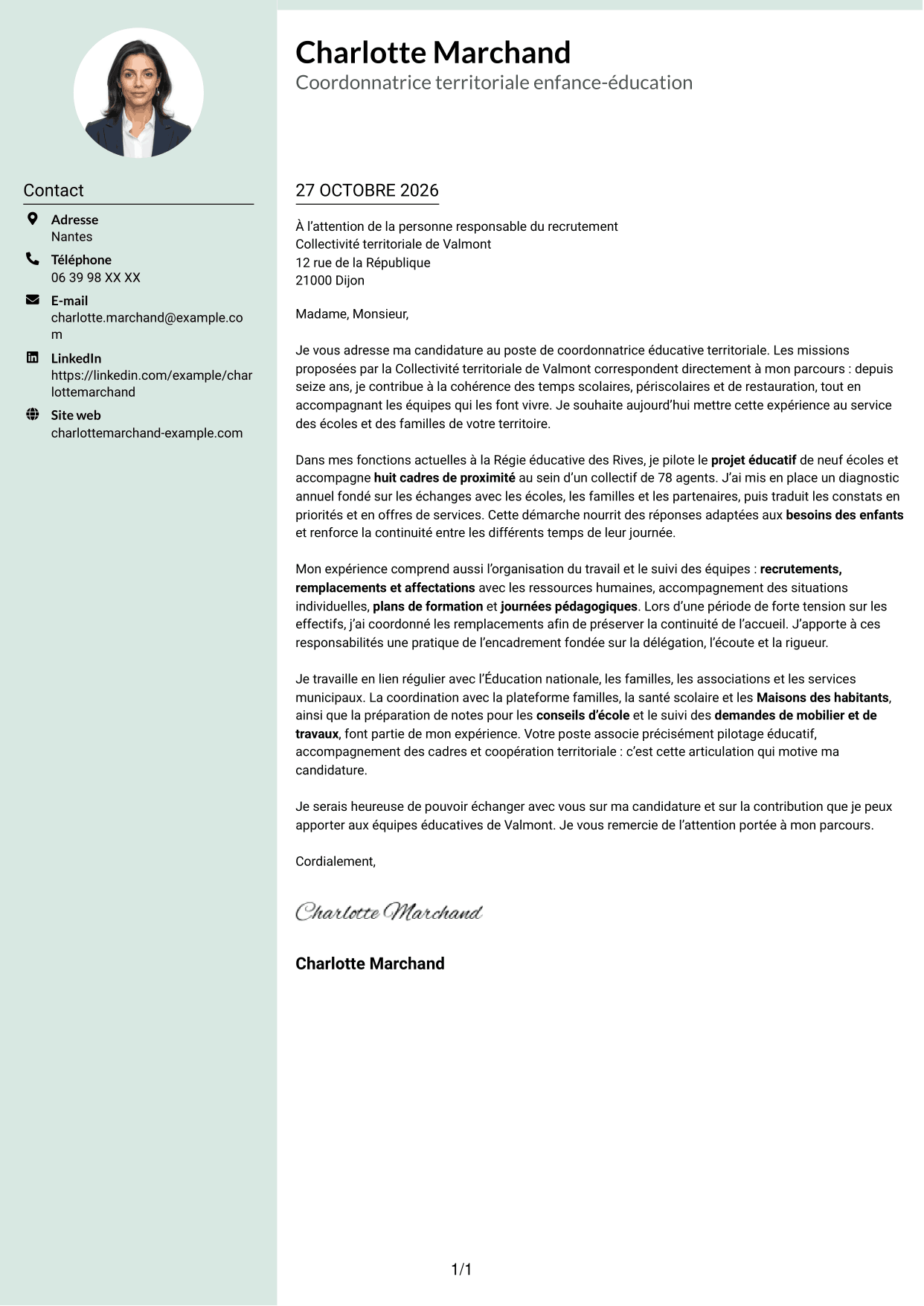 Lettre de motivation Cadre (format à colonne latérale douce avec photo arrondie) : Coordonnateur éducatif territorial - Management des équipes scolaires, page 1