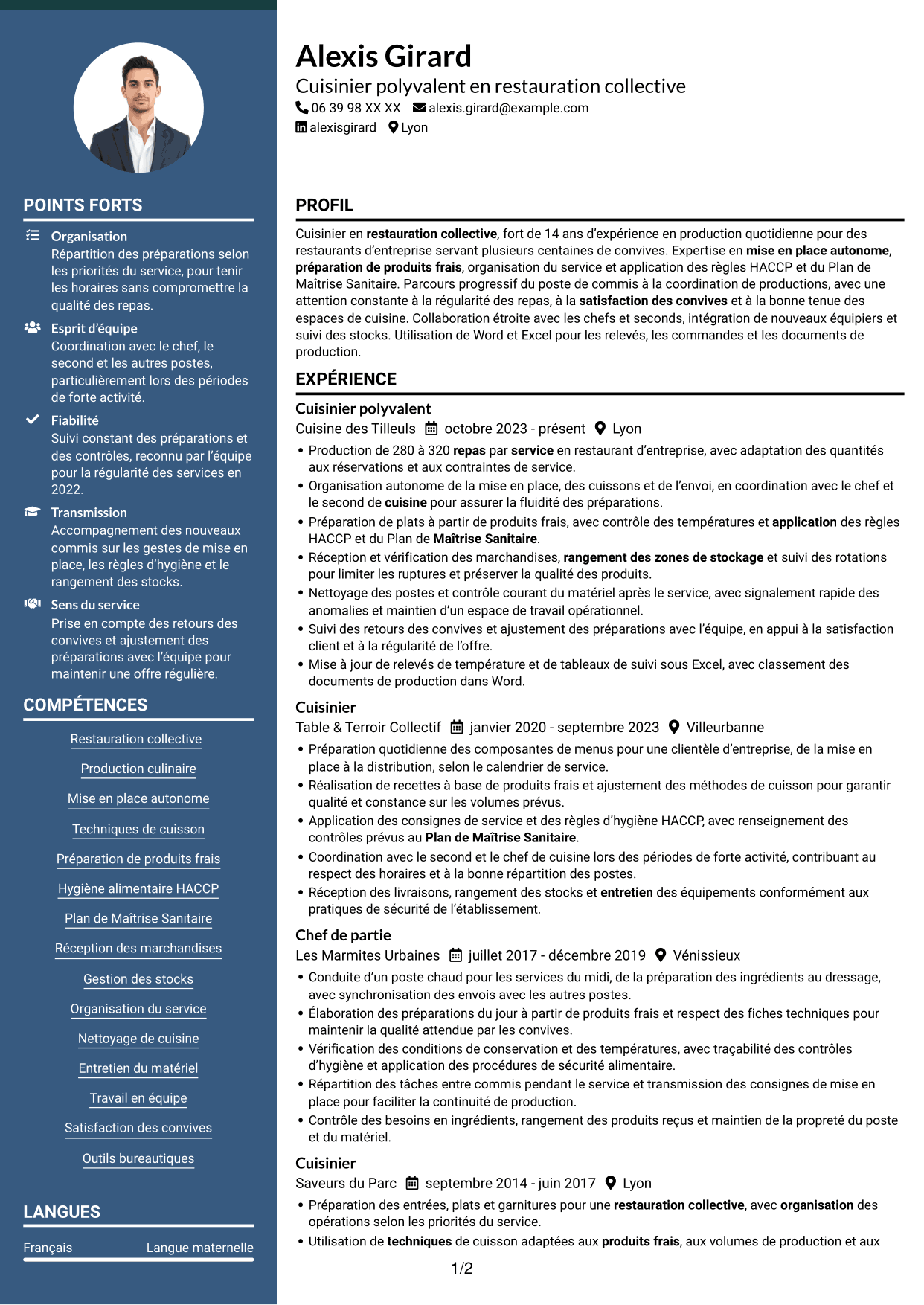 CV Élégant (format à colonne latérale colorée avec photo) : Cuisinier en restauration collective, page 1