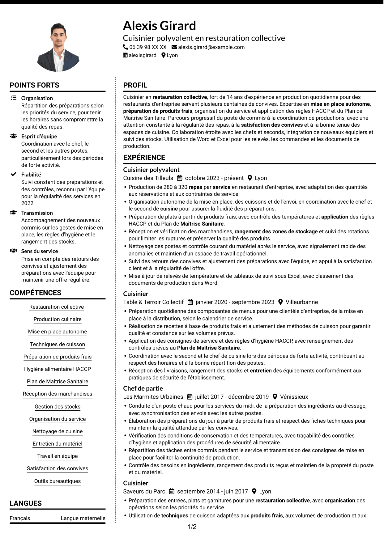 CV Moderne (format à deux colonnes avec photo à gauche et séparateur) : Cuisinier en restauration collective, page 1