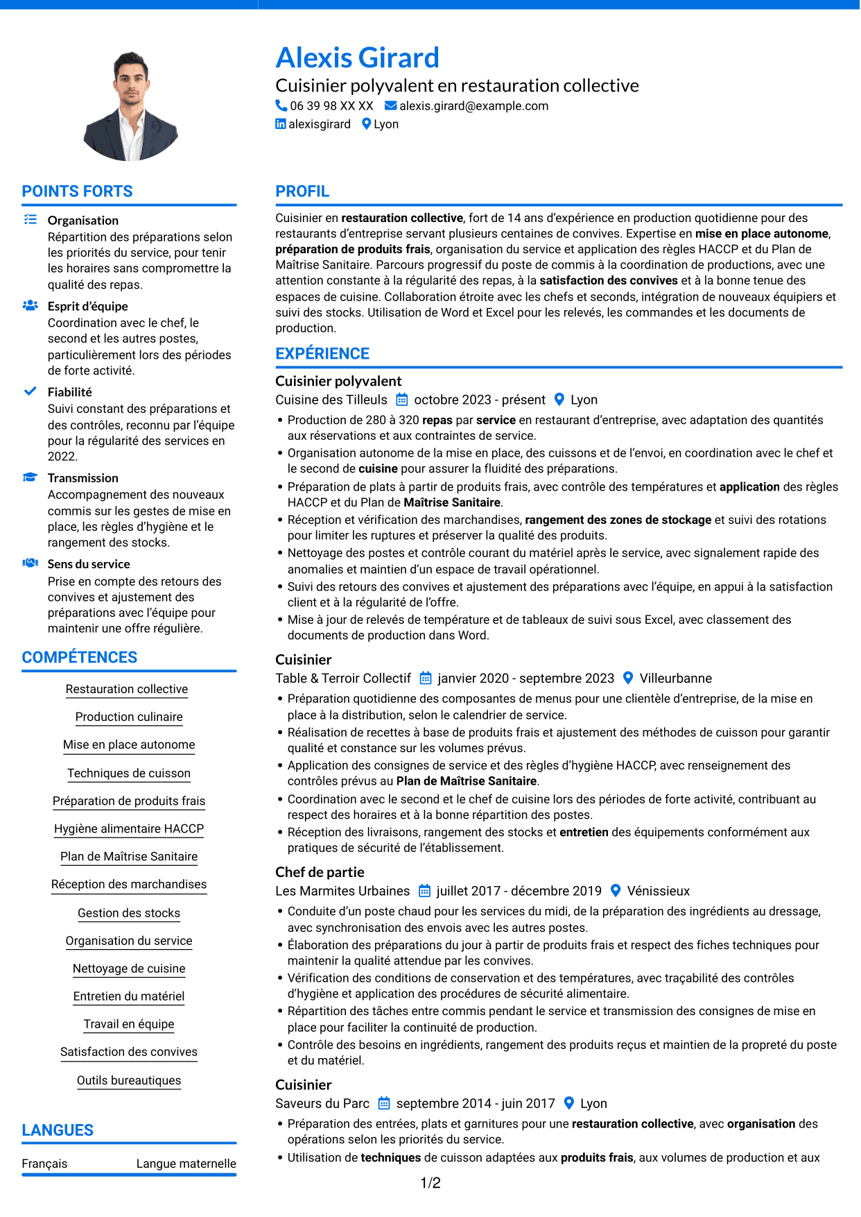 CV Audacieux (format à deux colonnes avec accents colorés et photo) : Cuisinier en restauration collective, page 1