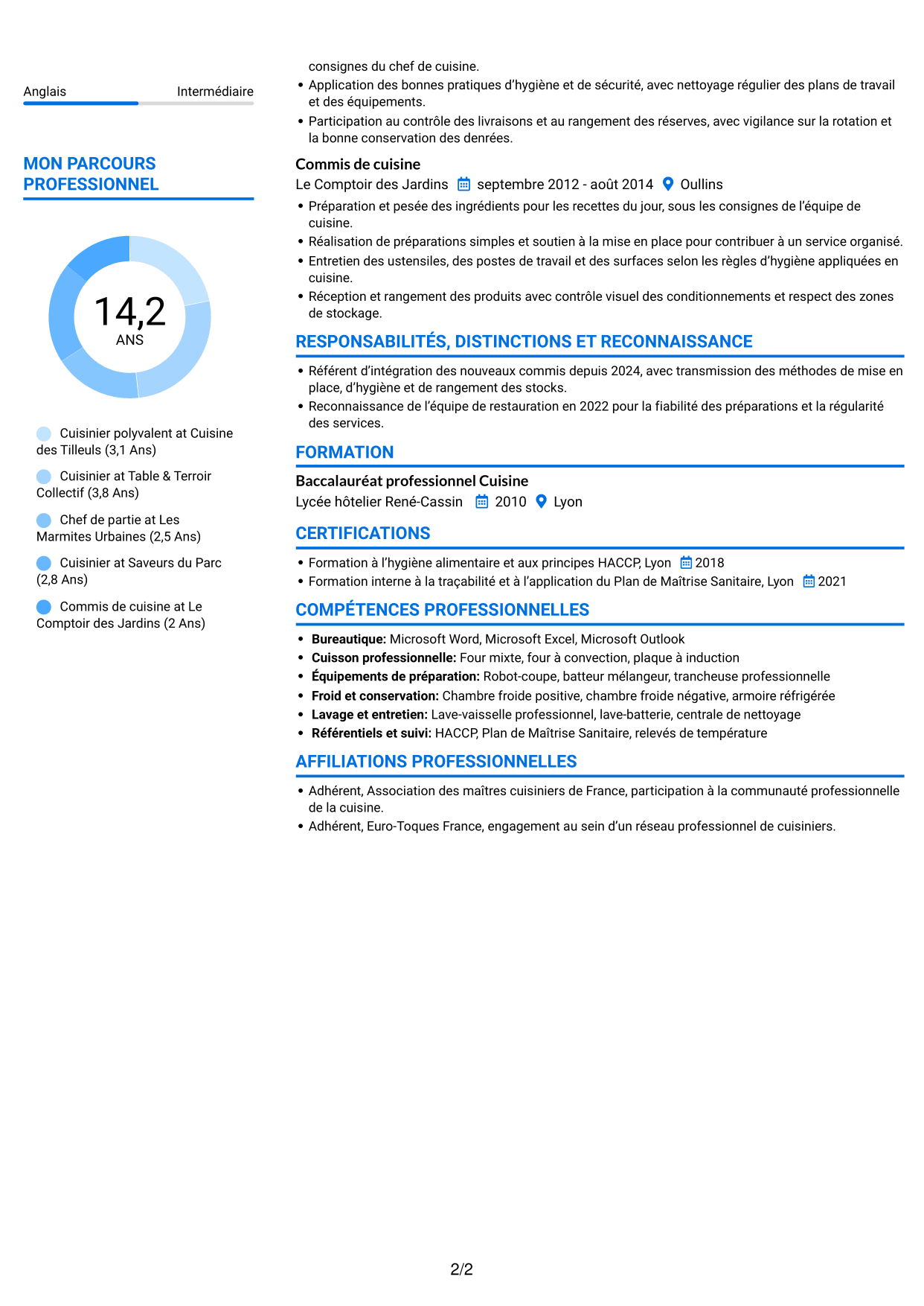 CV Audacieux (format à deux colonnes avec accents colorés et photo) : Cuisinier en restauration collective, page 2