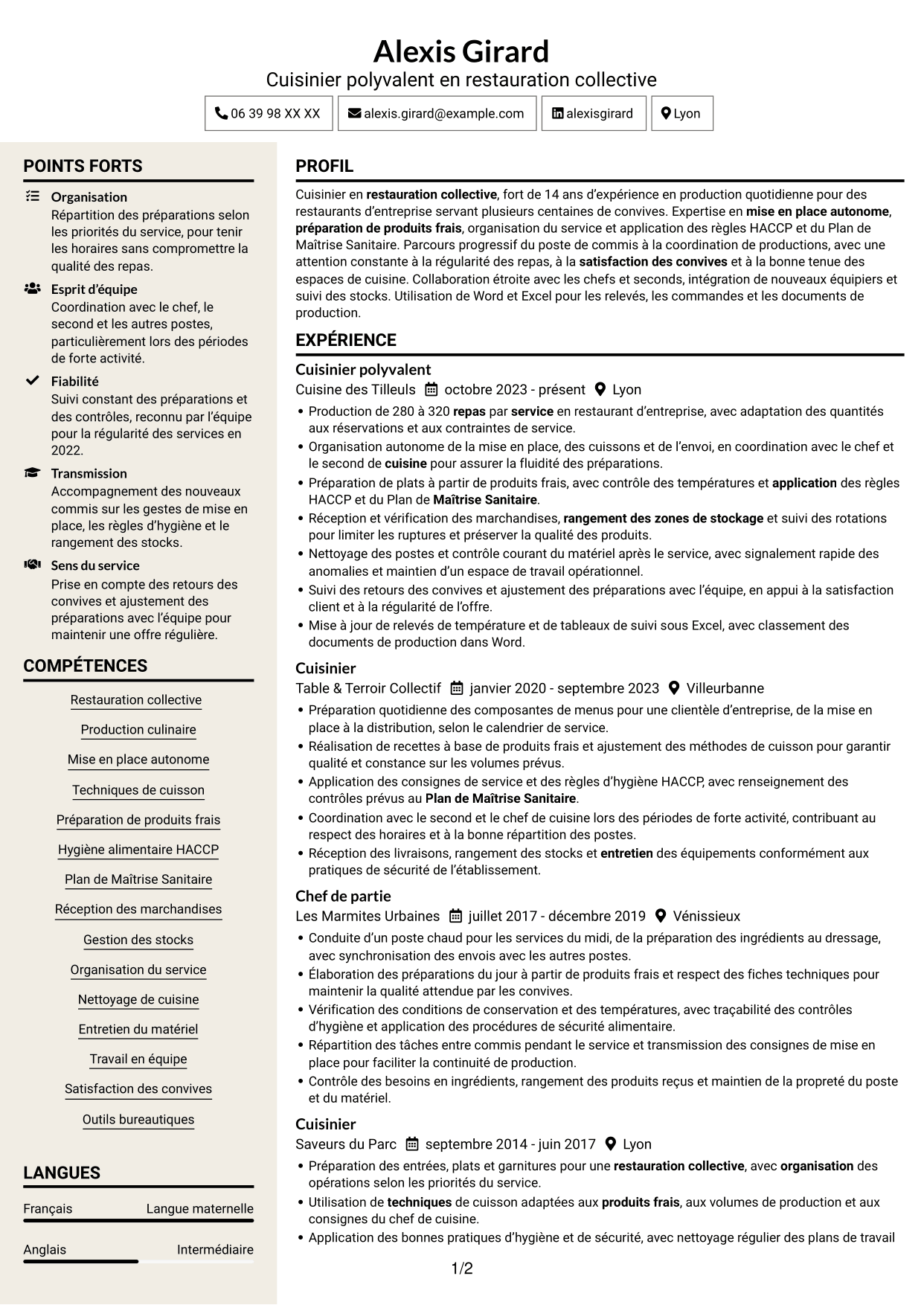 CV Fonceur (format à deux colonnes avec en-tête centré sans photo) : Cuisinier en restauration collective, page 1
