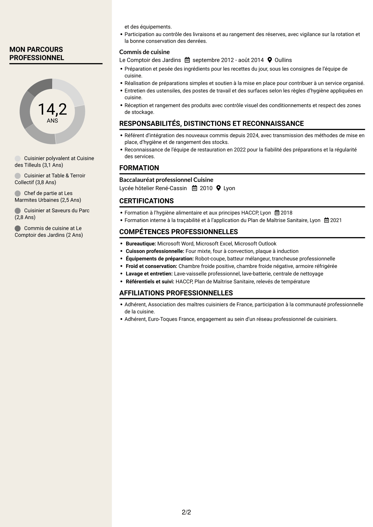 CV Fonceur (format à deux colonnes avec en-tête centré sans photo) : Cuisinier en restauration collective, page 2