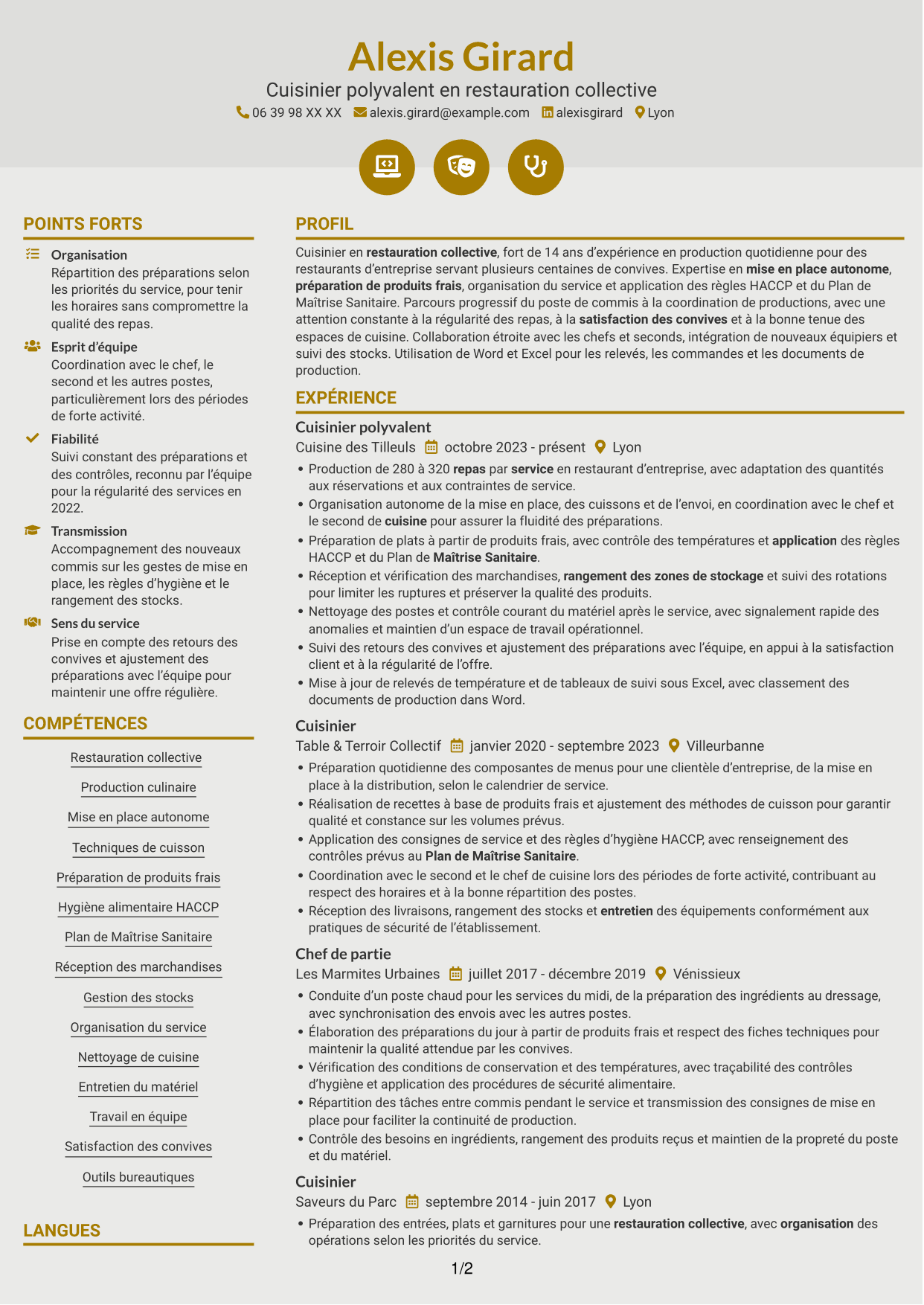 CV Dynamique (format à deux colonnes avec icônes) : Cuisinier en restauration collective, page 1
