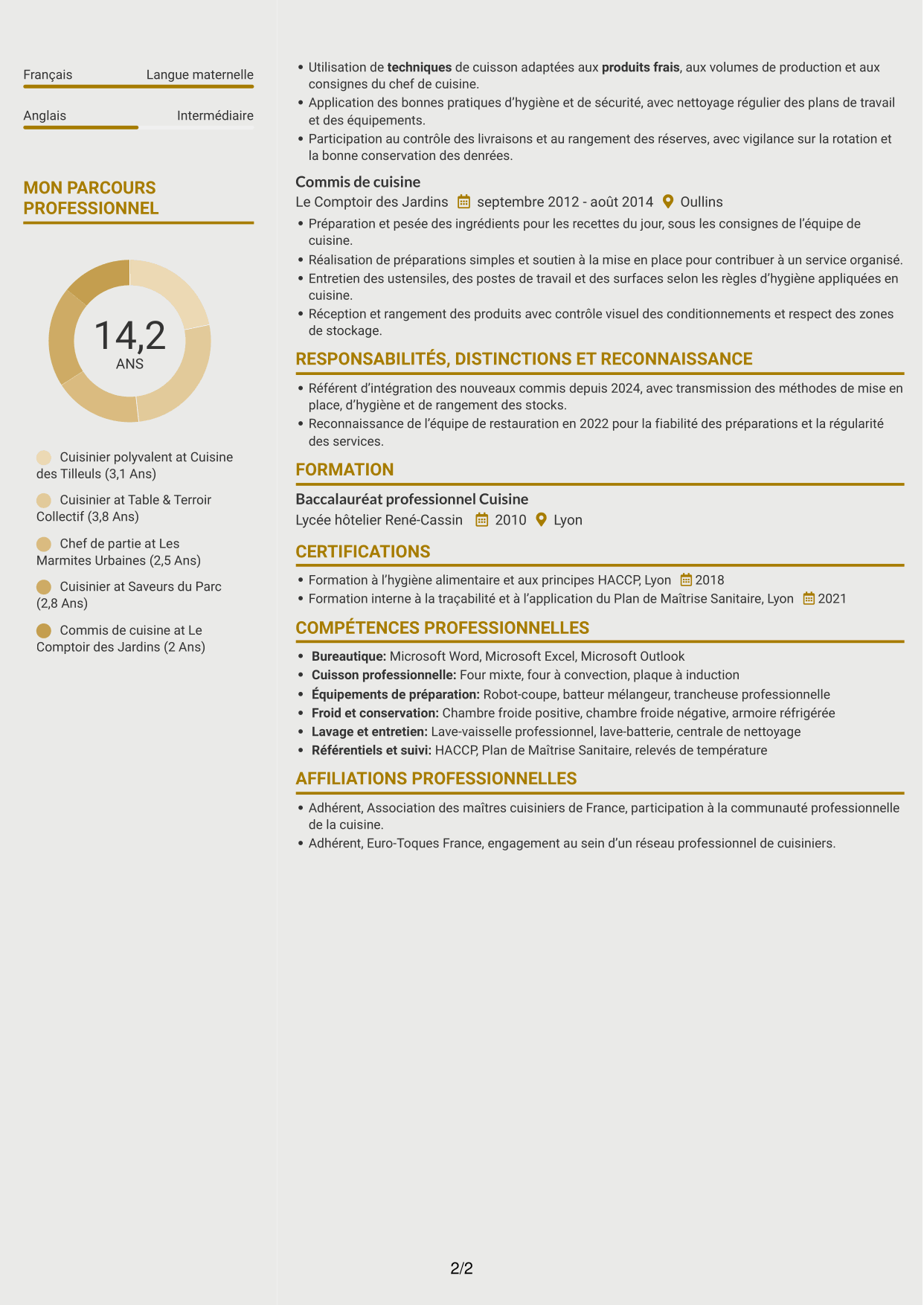 CV Dynamique (format à deux colonnes avec icônes) : Cuisinier en restauration collective, page 2