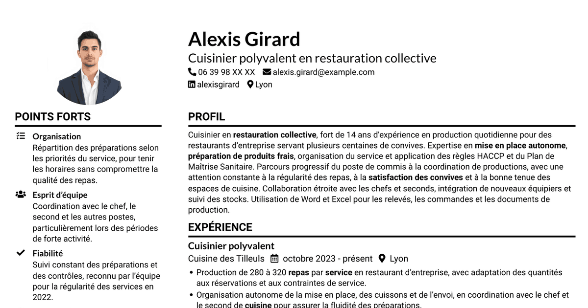 7 modèles de CV pour Cuisinier en restauration collective, avec exemples