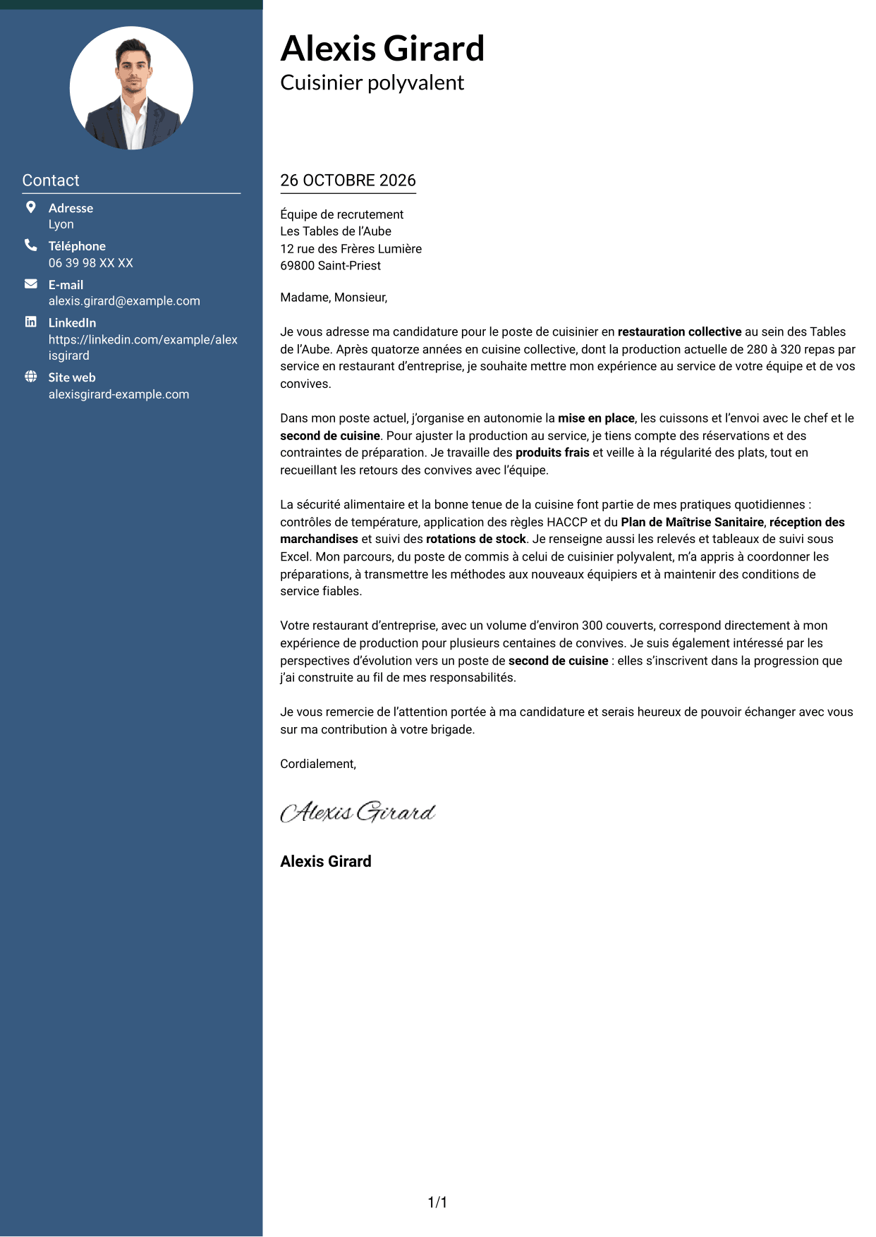 Lettre de motivation Élégant (format à colonne latérale colorée avec photo) : Cuisinier en restauration collective, page 1