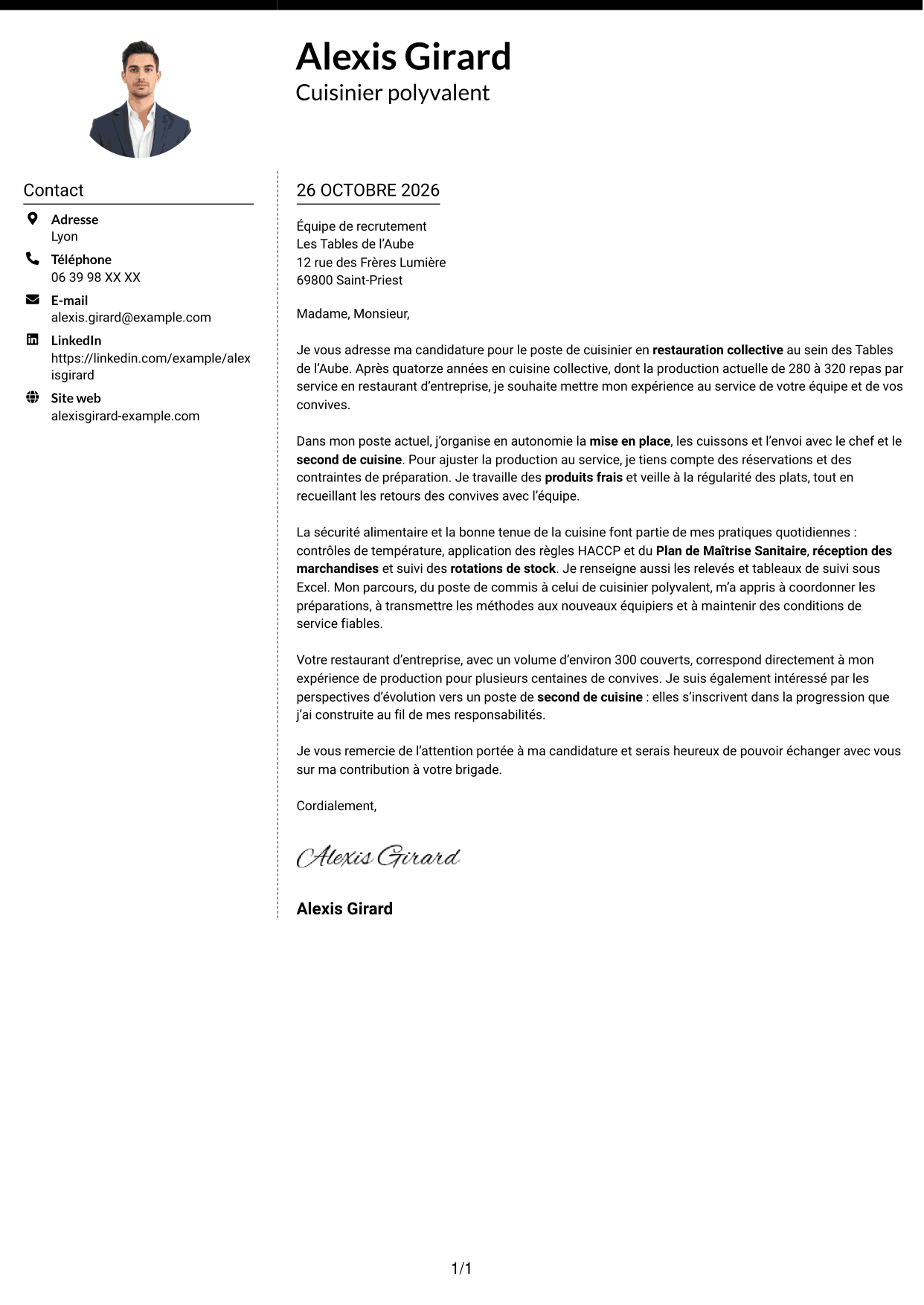 Lettre de motivation Moderne (format à deux colonnes avec photo à gauche et séparateur) : Cuisinier en restauration collective, page 1