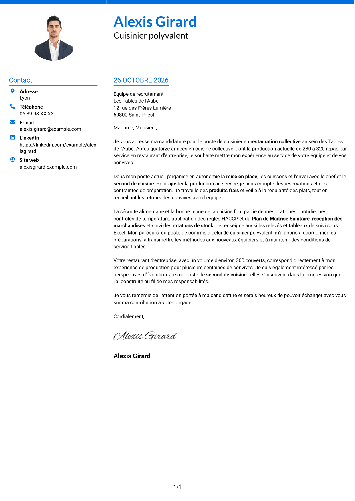 Lettre de motivation Audacieux (format à deux colonnes avec accents colorés et photo) : Cuisinier en restauration collective, page 1