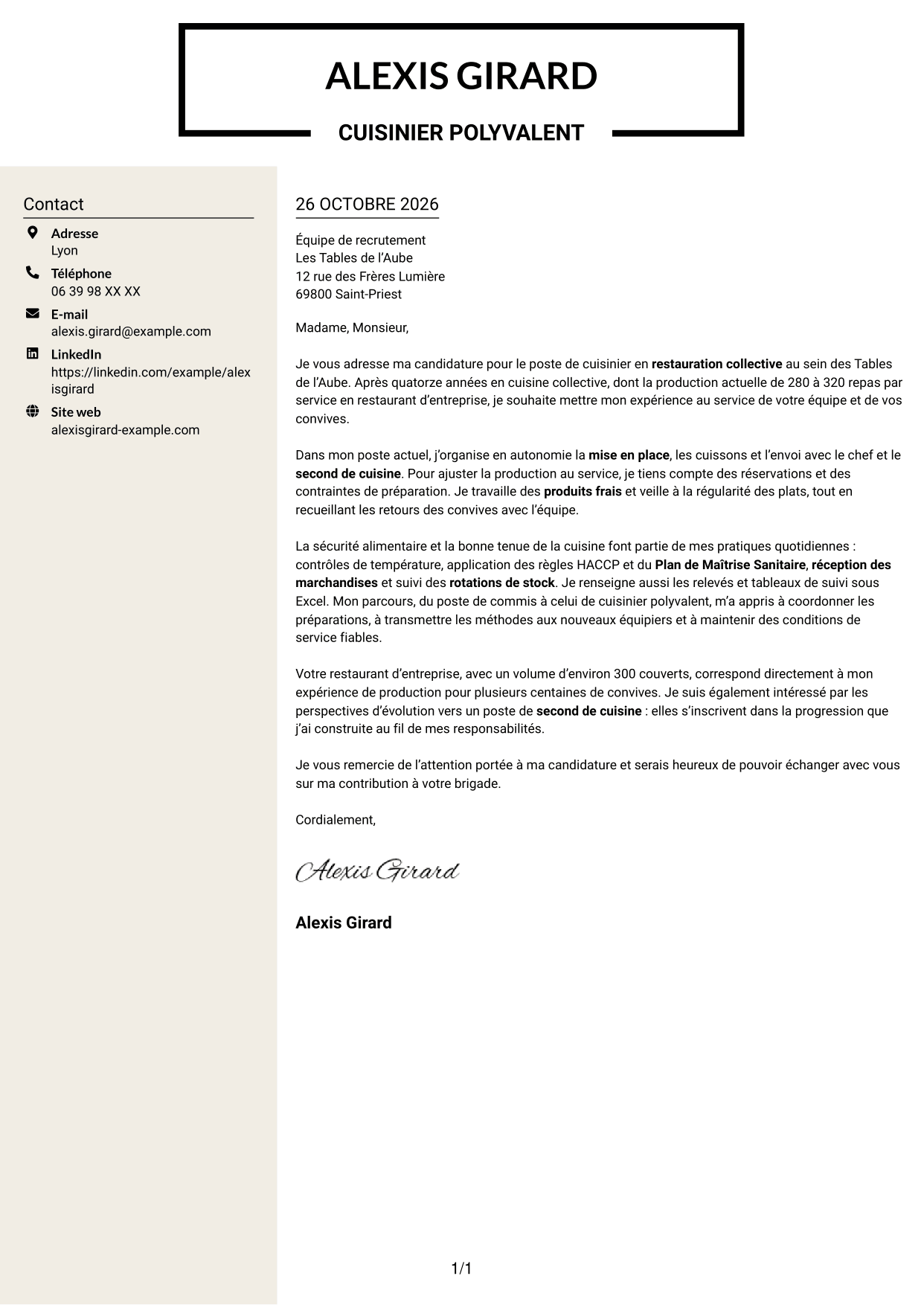 Lettre de motivation Fonceur (format à deux colonnes avec en-tête centré sans photo) : Cuisinier en restauration collective, page 1
