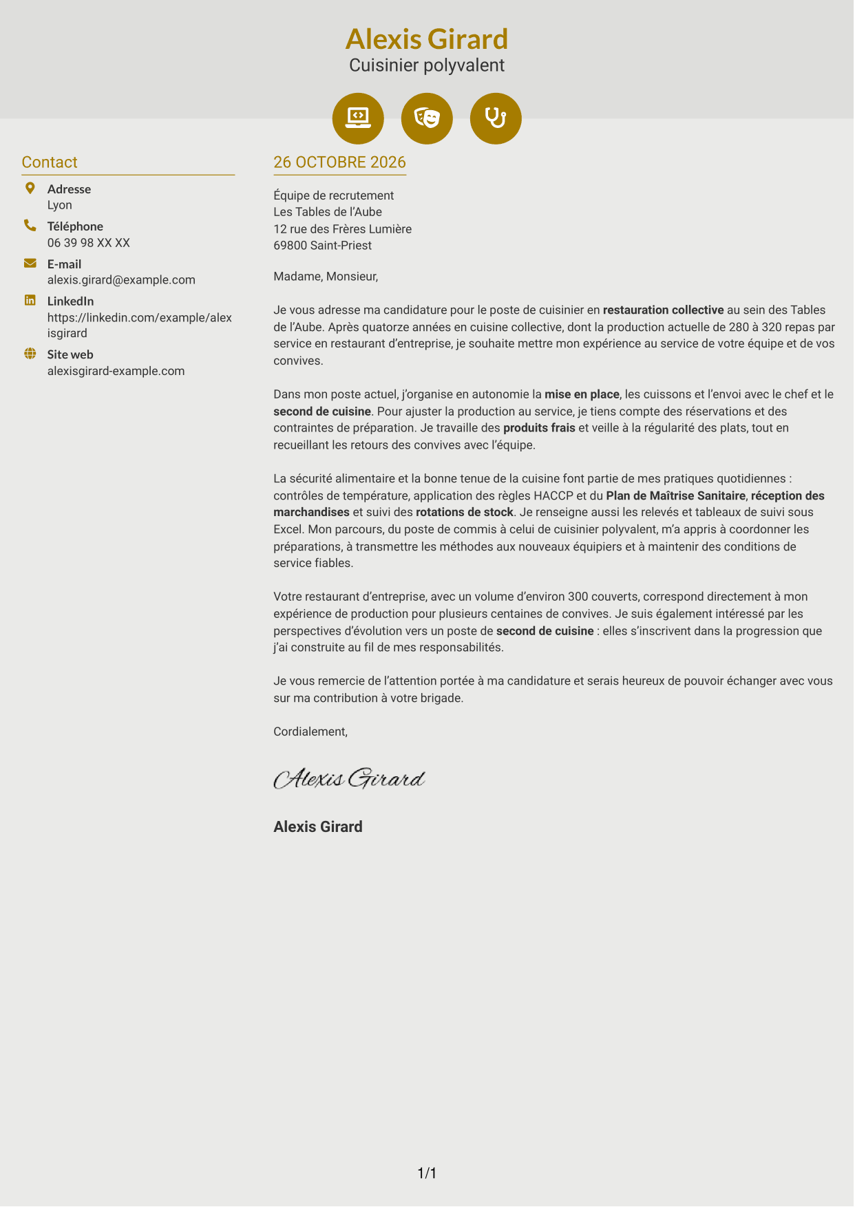 Lettre de motivation Dynamique (format à deux colonnes avec icônes) : Cuisinier en restauration collective, page 1