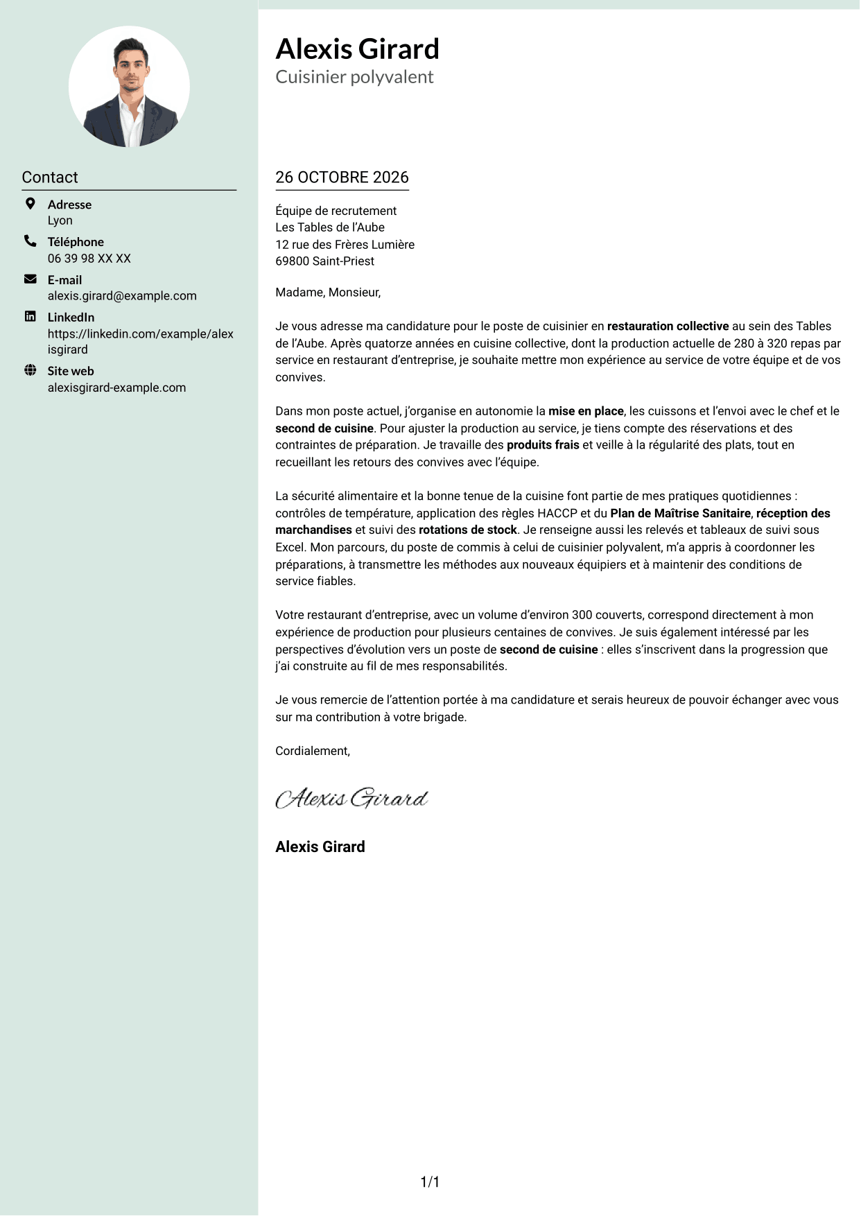 Lettre de motivation Cadre (format à colonne latérale douce avec photo arrondie) : Cuisinier en restauration collective, page 1