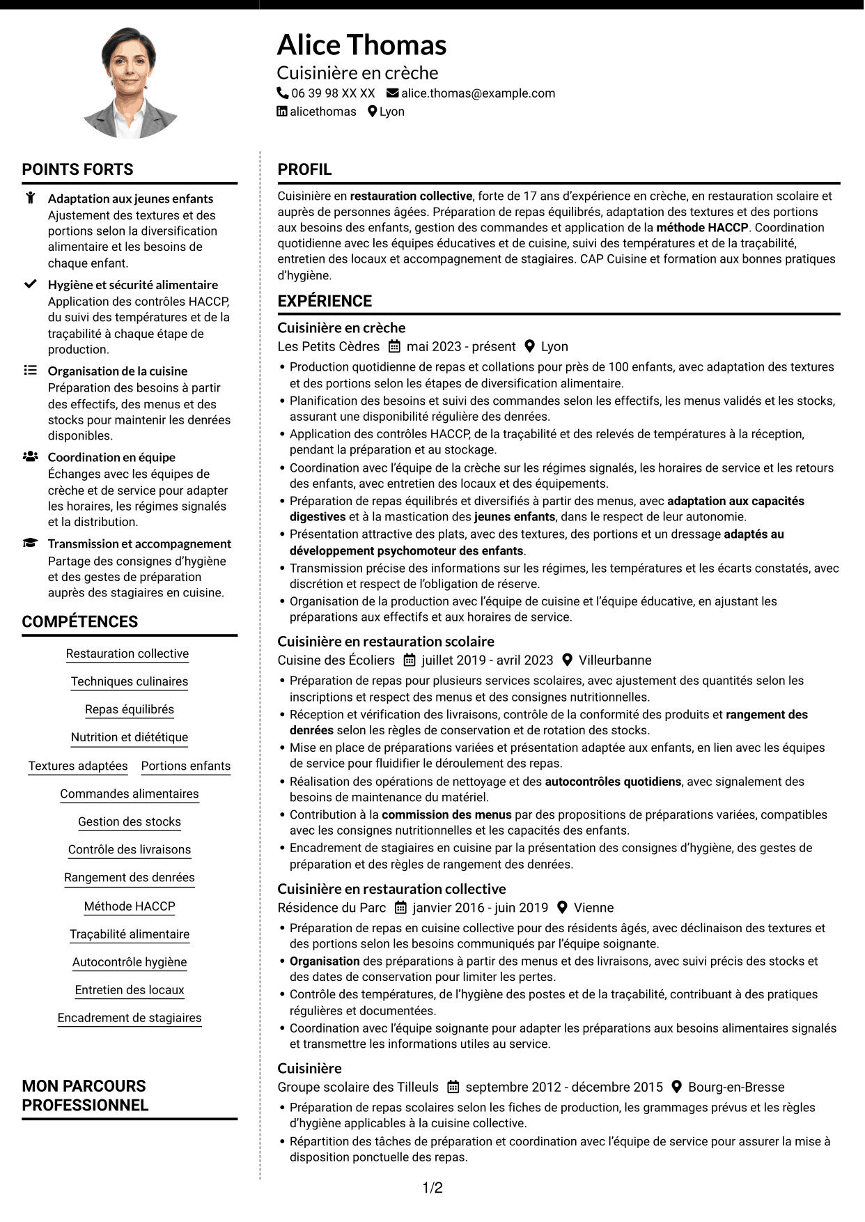 CV Moderne (format à deux colonnes avec photo à gauche et séparateur) : Cuisinier - Restauration en crèche, page 1
