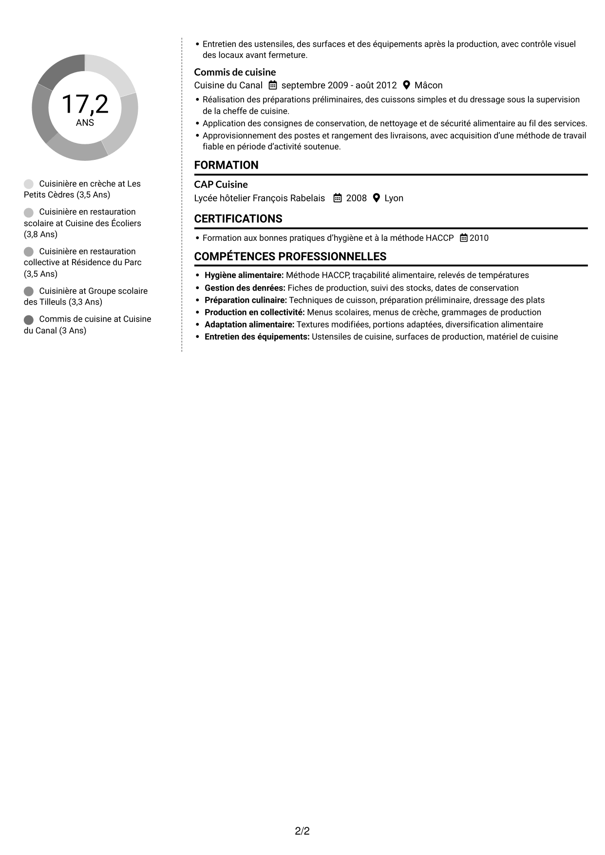 CV Moderne (format à deux colonnes avec photo à gauche et séparateur) : Cuisinier - Restauration en crèche, page 2