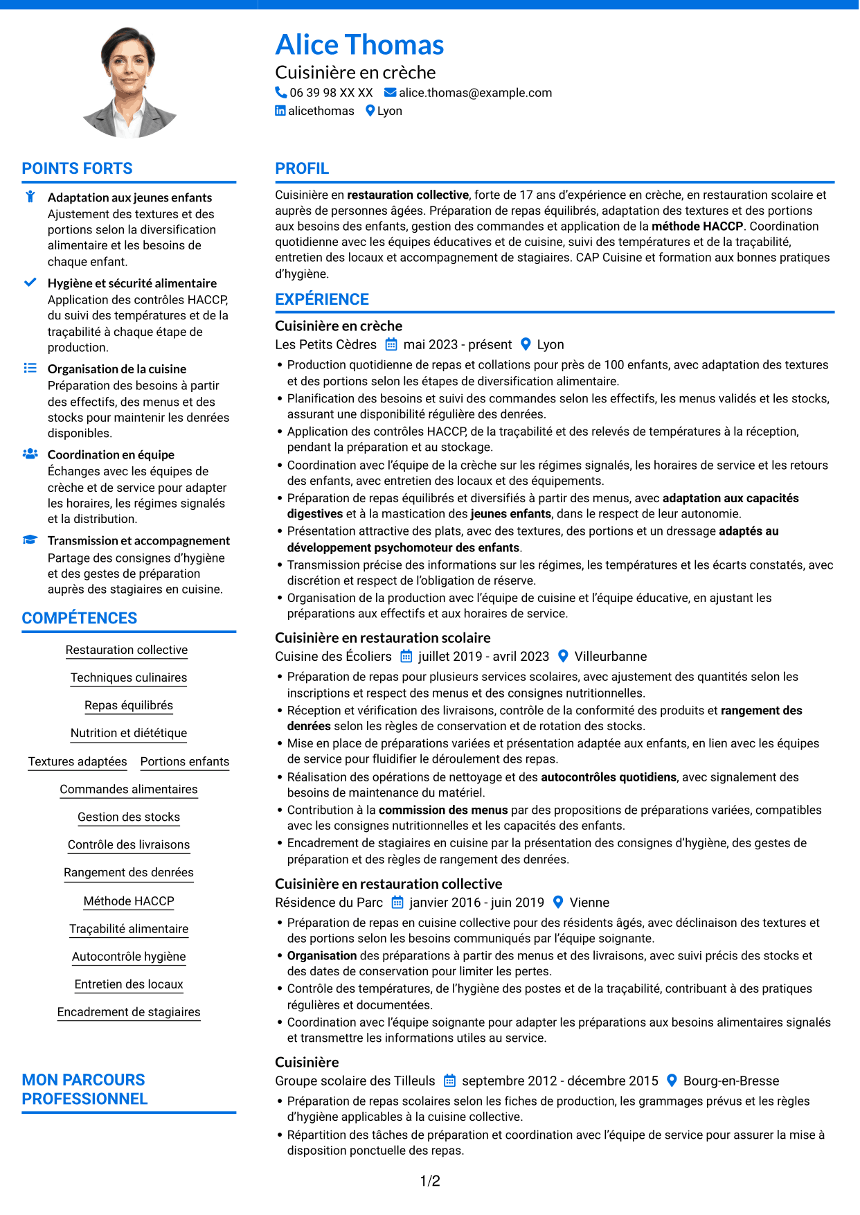 CV Audacieux (format à deux colonnes avec accents colorés et photo) : Cuisinier - Restauration en crèche, page 1