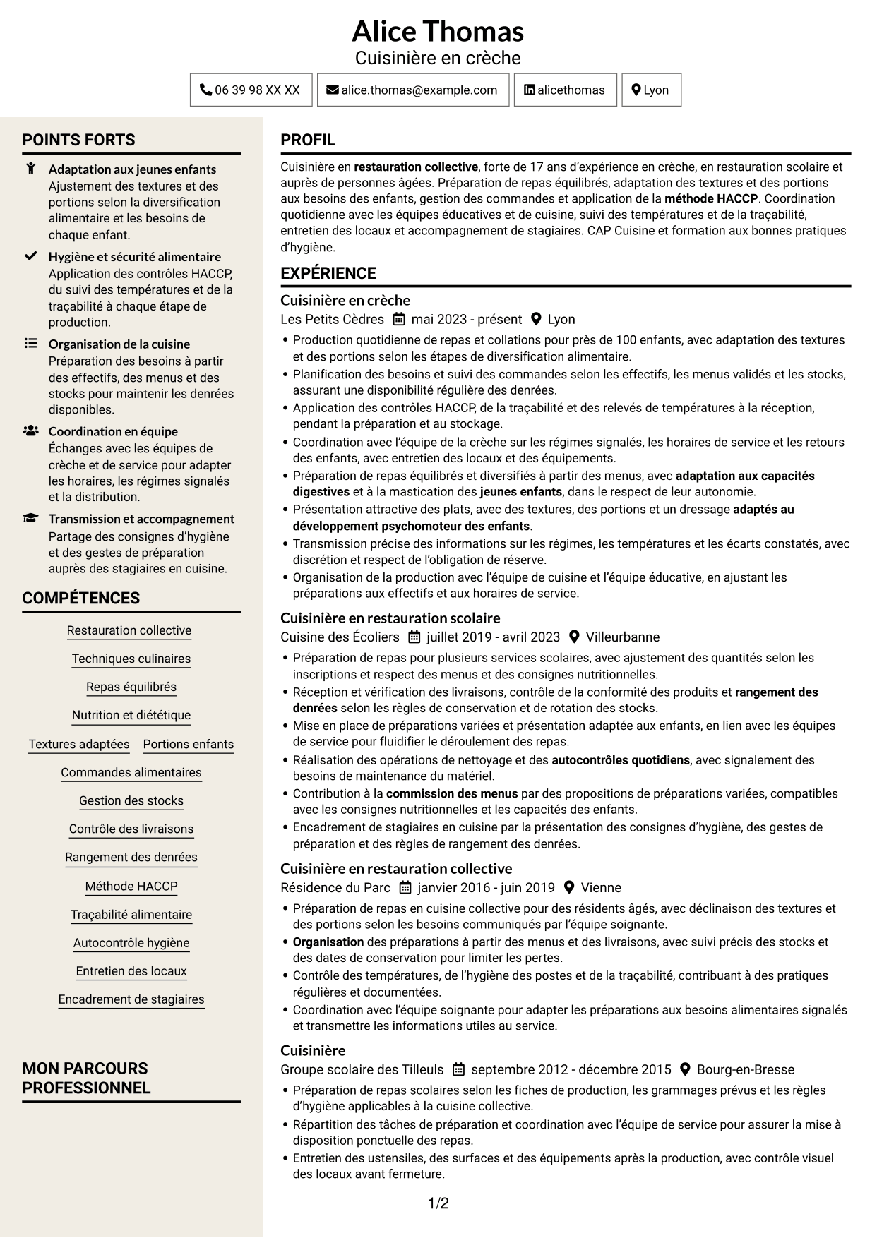 CV Fonceur (format à deux colonnes avec en-tête centré sans photo) : Cuisinier - Restauration en crèche, page 1