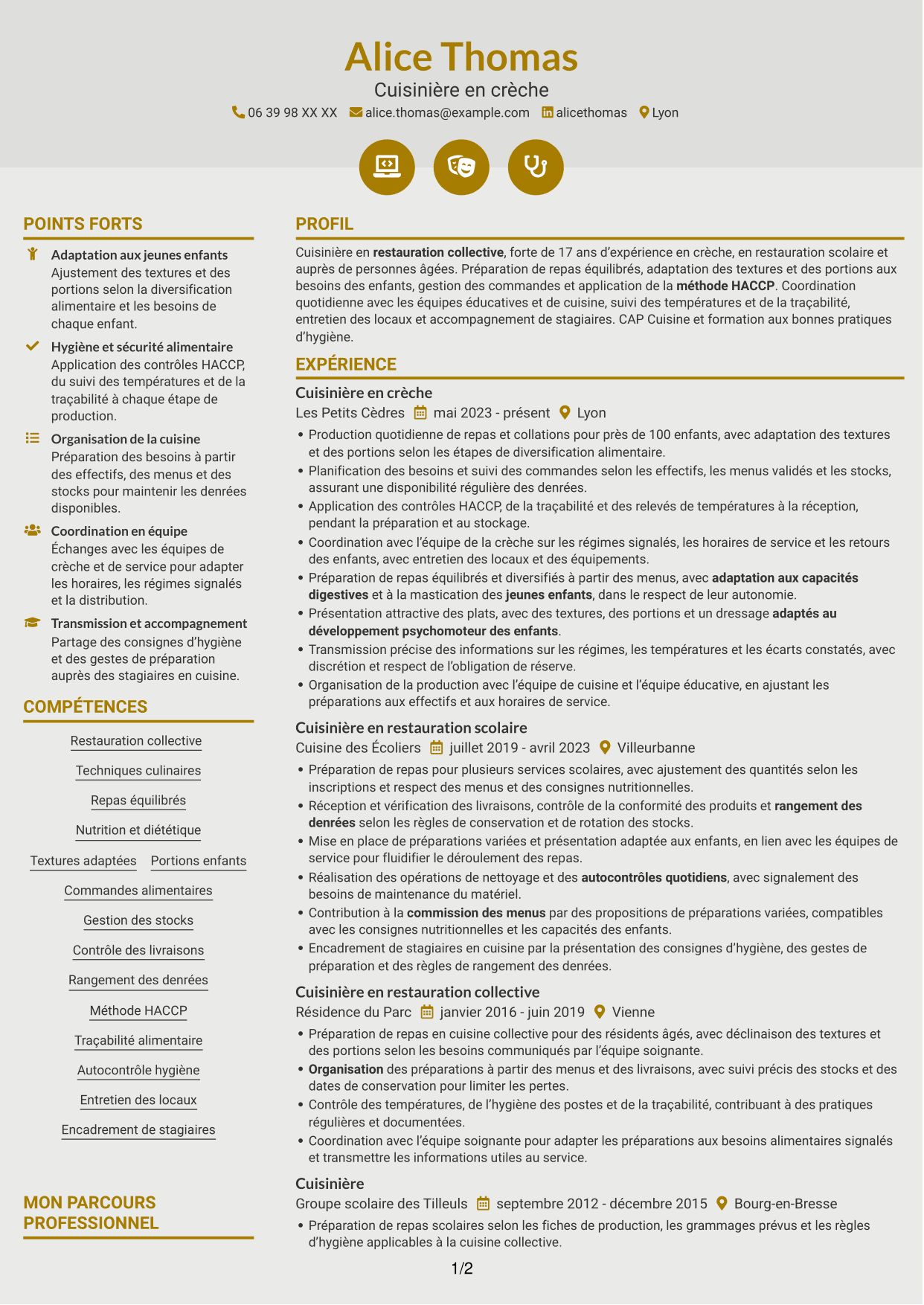 CV Dynamique (format à deux colonnes avec icônes) : Cuisinier - Restauration en crèche, page 1