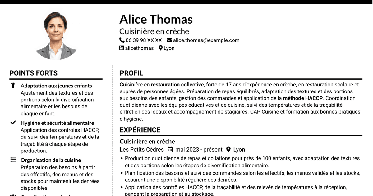7 modèles de CV pour Cuisinier - Restauration en crèche, avec exemples