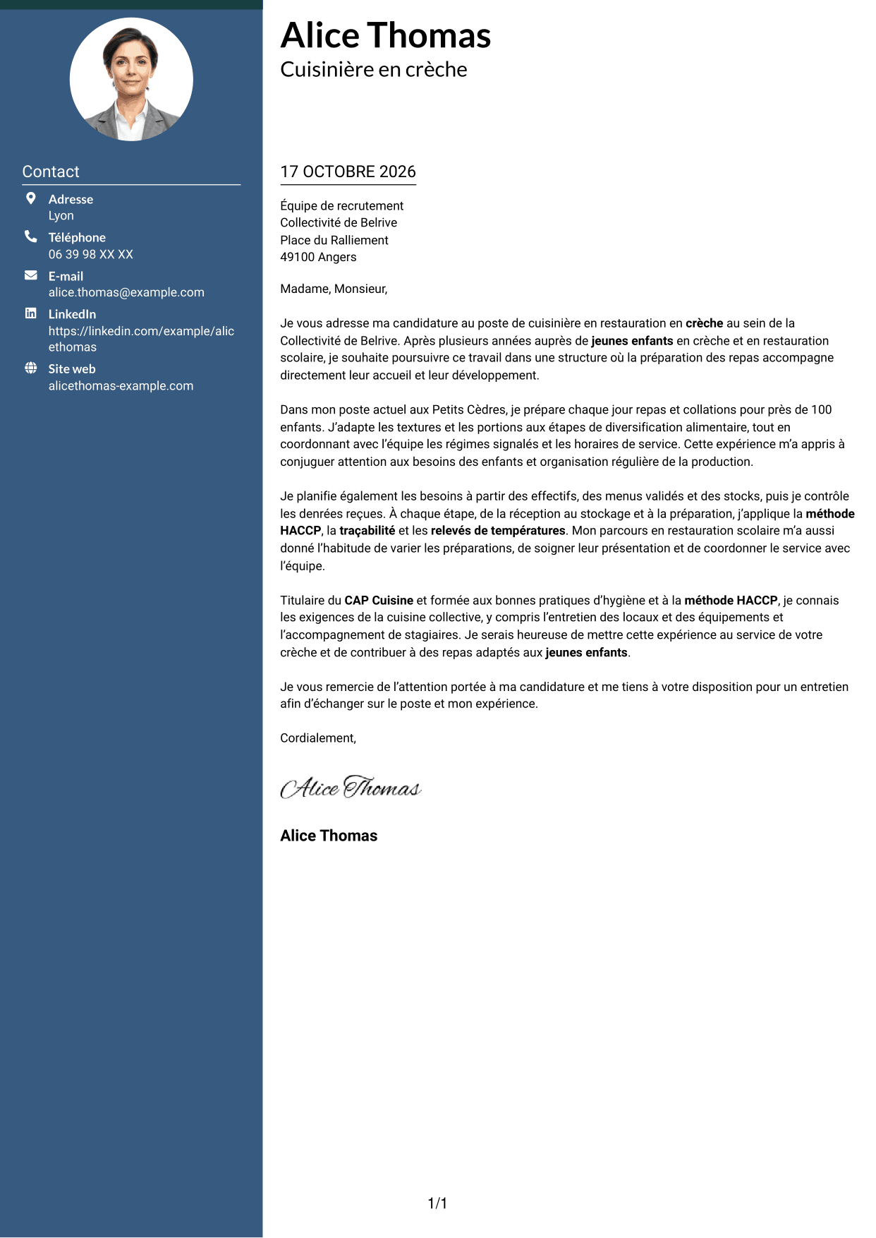 Lettre de motivation Élégant (format à colonne latérale colorée avec photo) : Cuisinier - Restauration en crèche, page 1