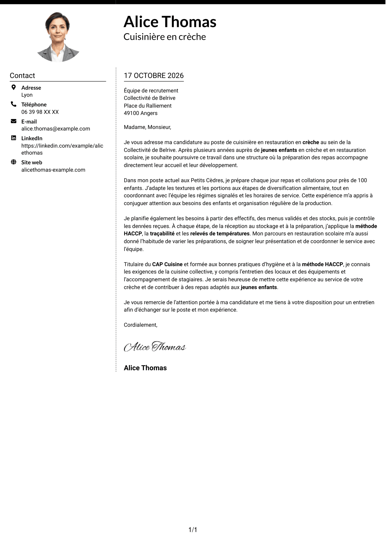 Lettre de motivation Moderne (format à deux colonnes avec photo à gauche et séparateur) : Cuisinier - Restauration en crèche, page 1