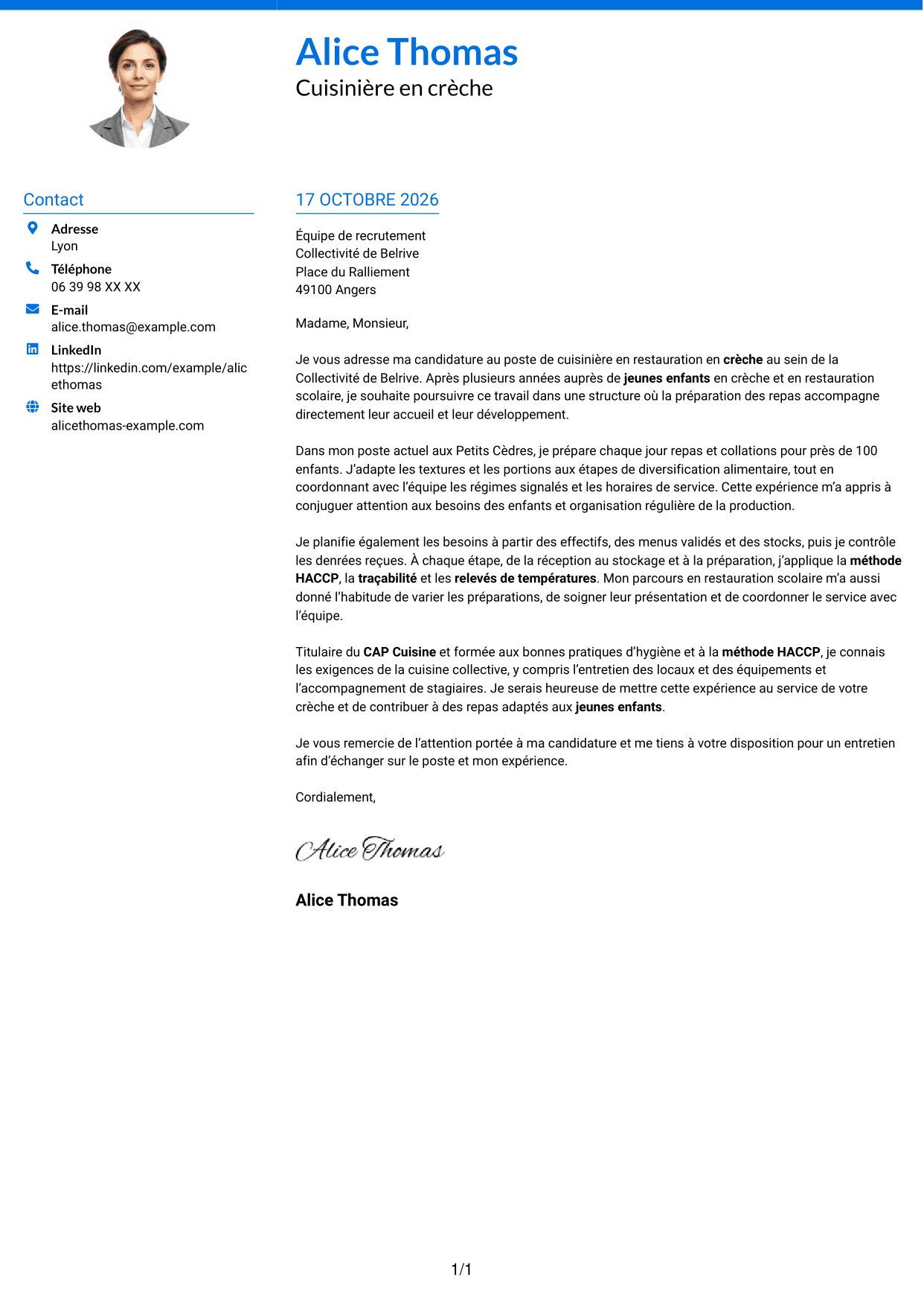 Lettre de motivation Audacieux (format à deux colonnes avec accents colorés et photo) : Cuisinier - Restauration en crèche, page 1