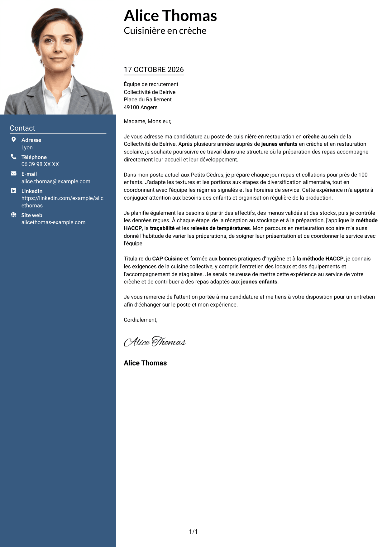 Lettre de motivation Signature (format à colonne latérale colorée avec grande photo) : Cuisinier - Restauration en crèche, page 1