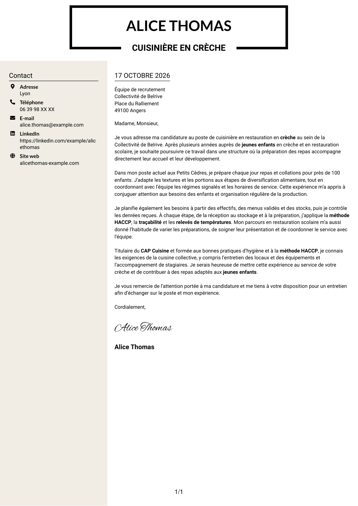 Lettre de motivation Fonceur (format à deux colonnes avec en-tête centré sans photo) : Cuisinier - Restauration en crèche, page 1
