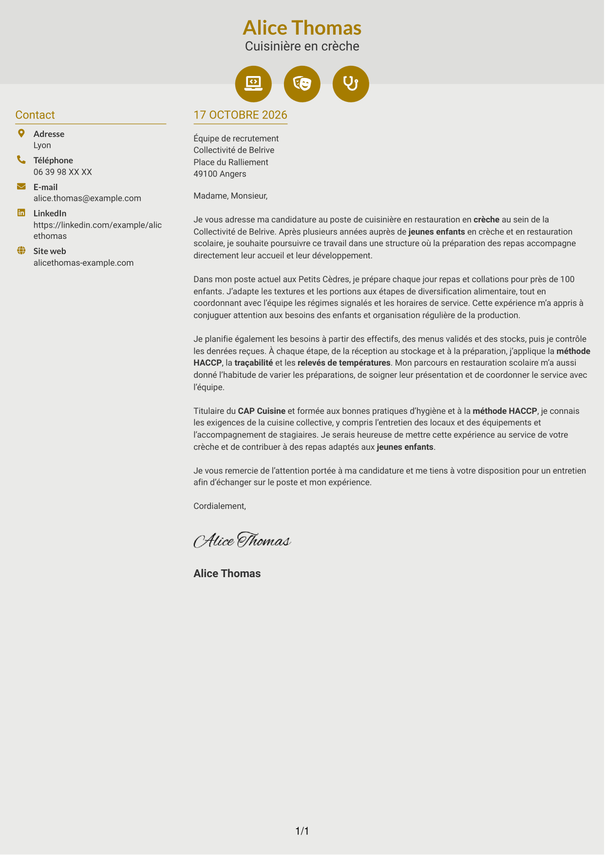 Lettre de motivation Dynamique (format à deux colonnes avec icônes) : Cuisinier - Restauration en crèche, page 1