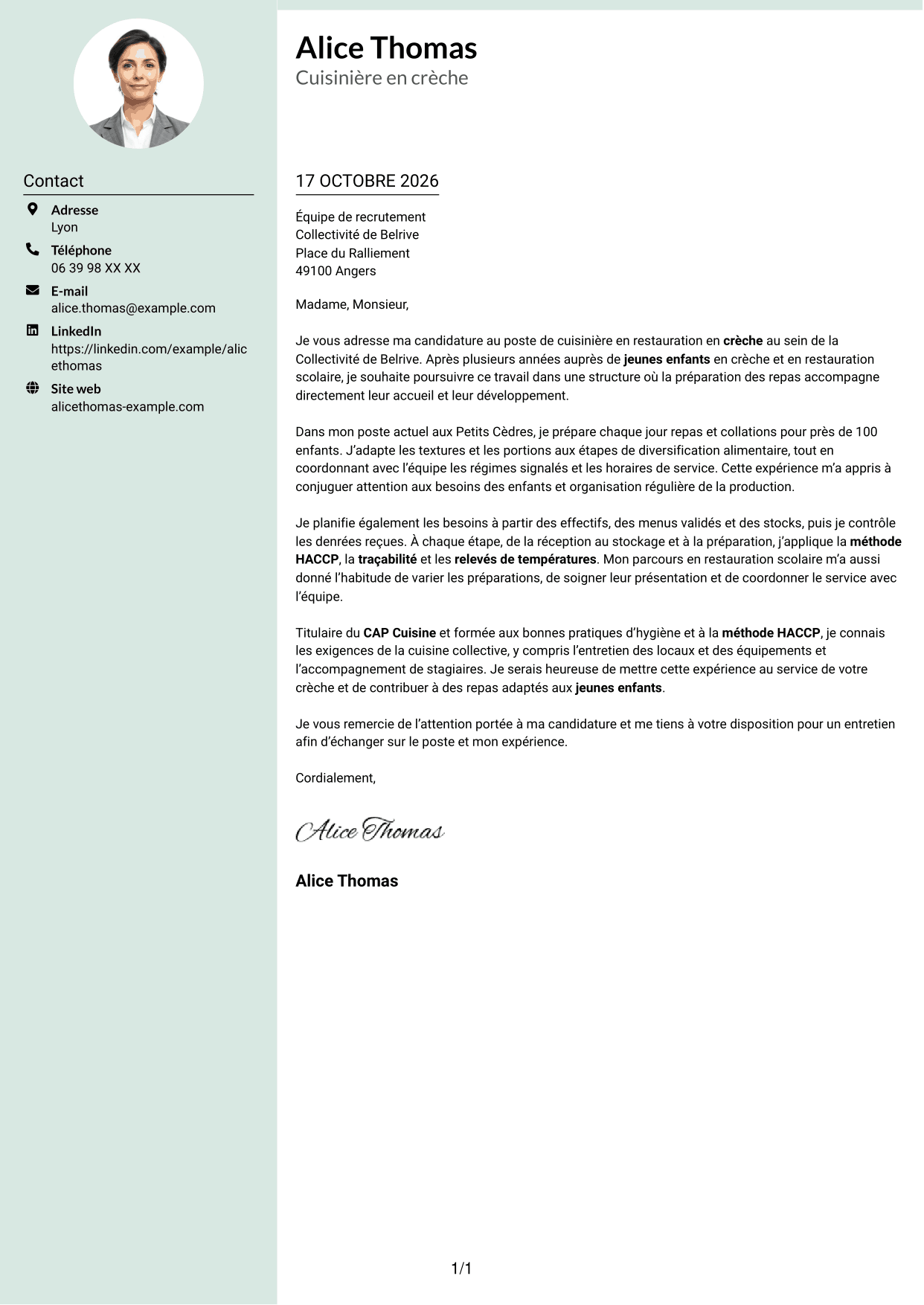 Lettre de motivation Cadre (format à colonne latérale douce avec photo arrondie) : Cuisinier - Restauration en crèche, page 1