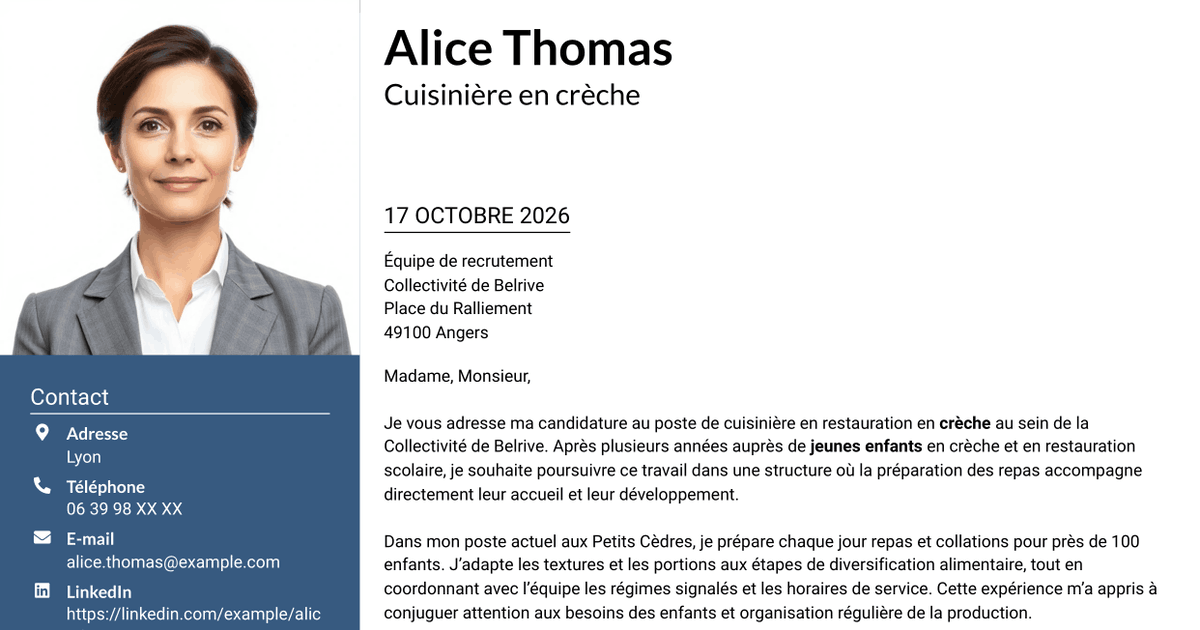 7 modèles de lettre de motivation pour Cuisinier - Restauration en crèche, avec exemples