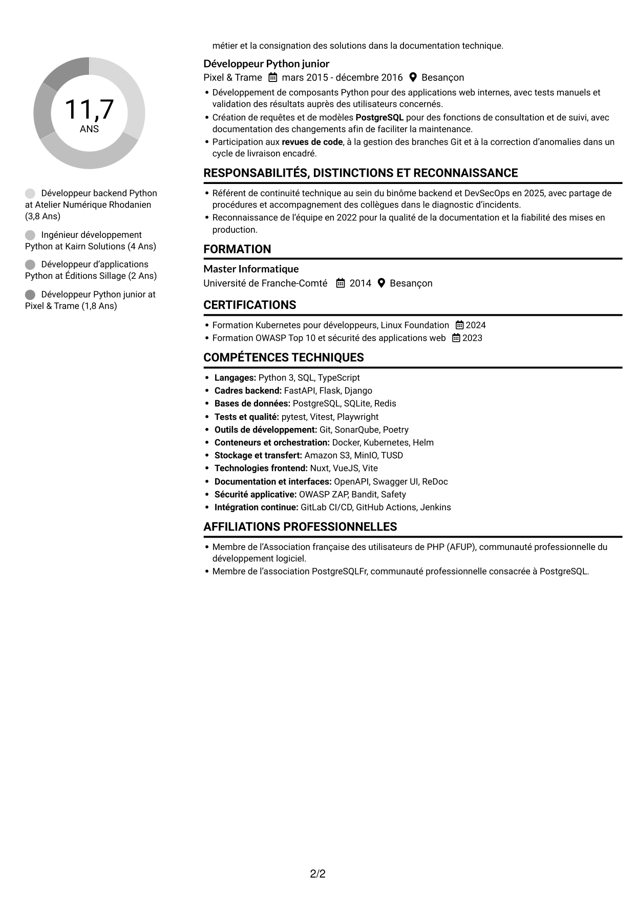 CV Compact (format sobre à deux colonnes avec photo) : Développeur Backend Python - API et maintenance applicative, page 2